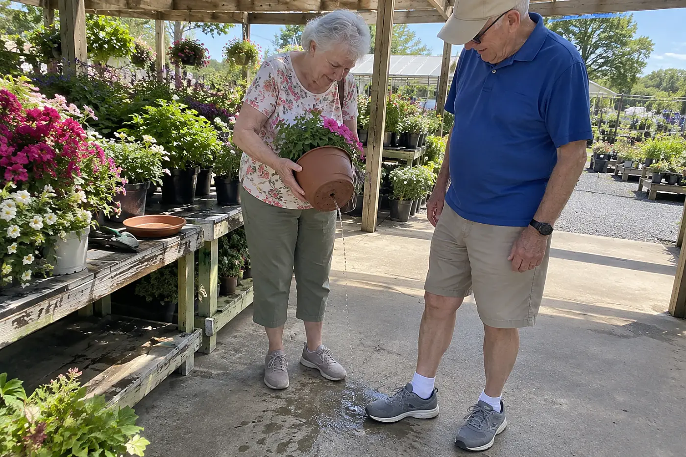 A woman in her seventies checks the drainage hole of a flowerpot at a garden center.