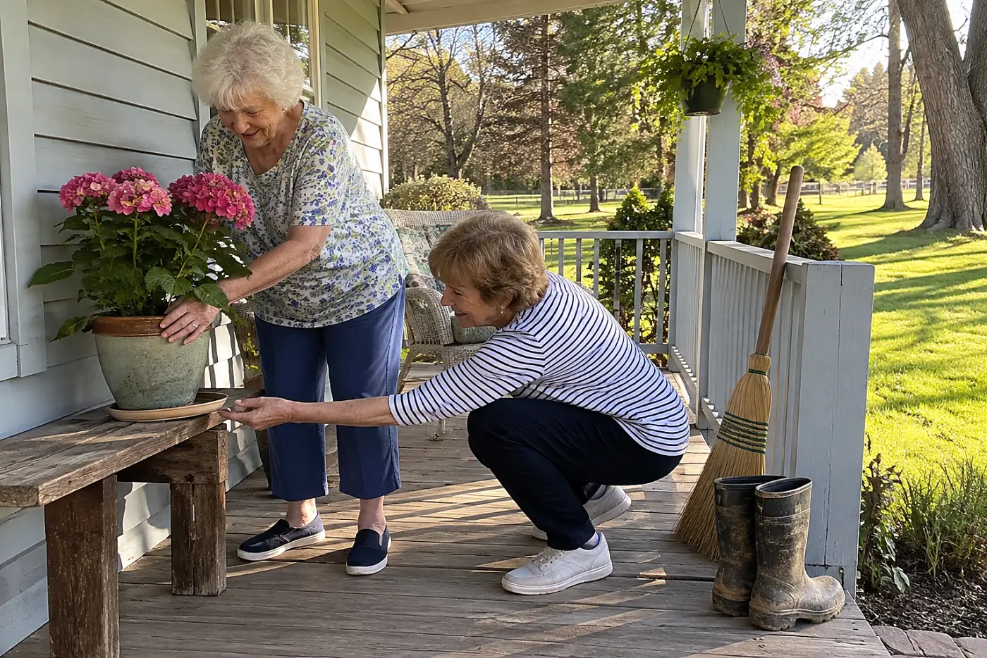 Two women in their seventies place a potted pink flower on a sheltered porch bench.