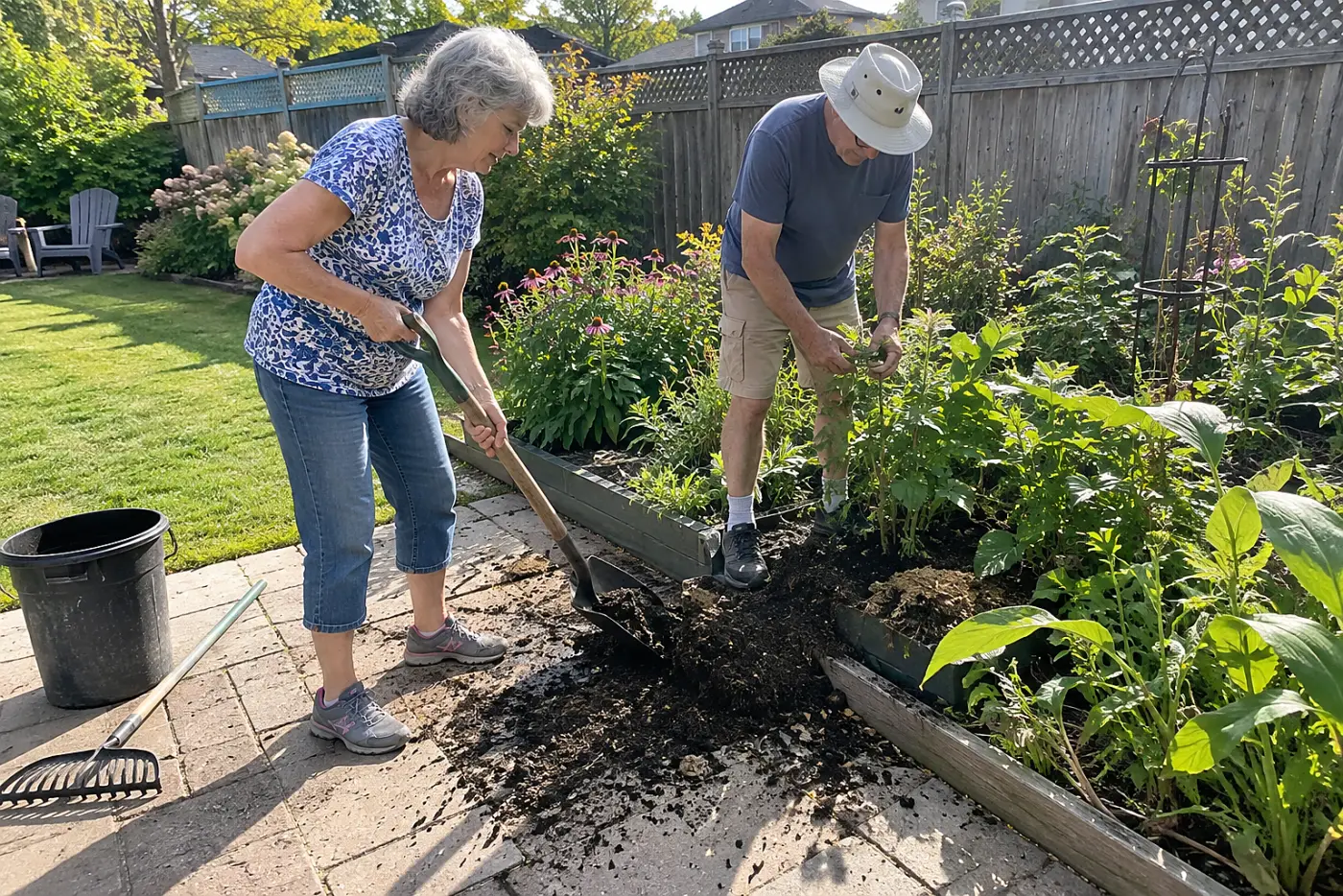 Older woman scooping finished compost onto soil around garden plants.