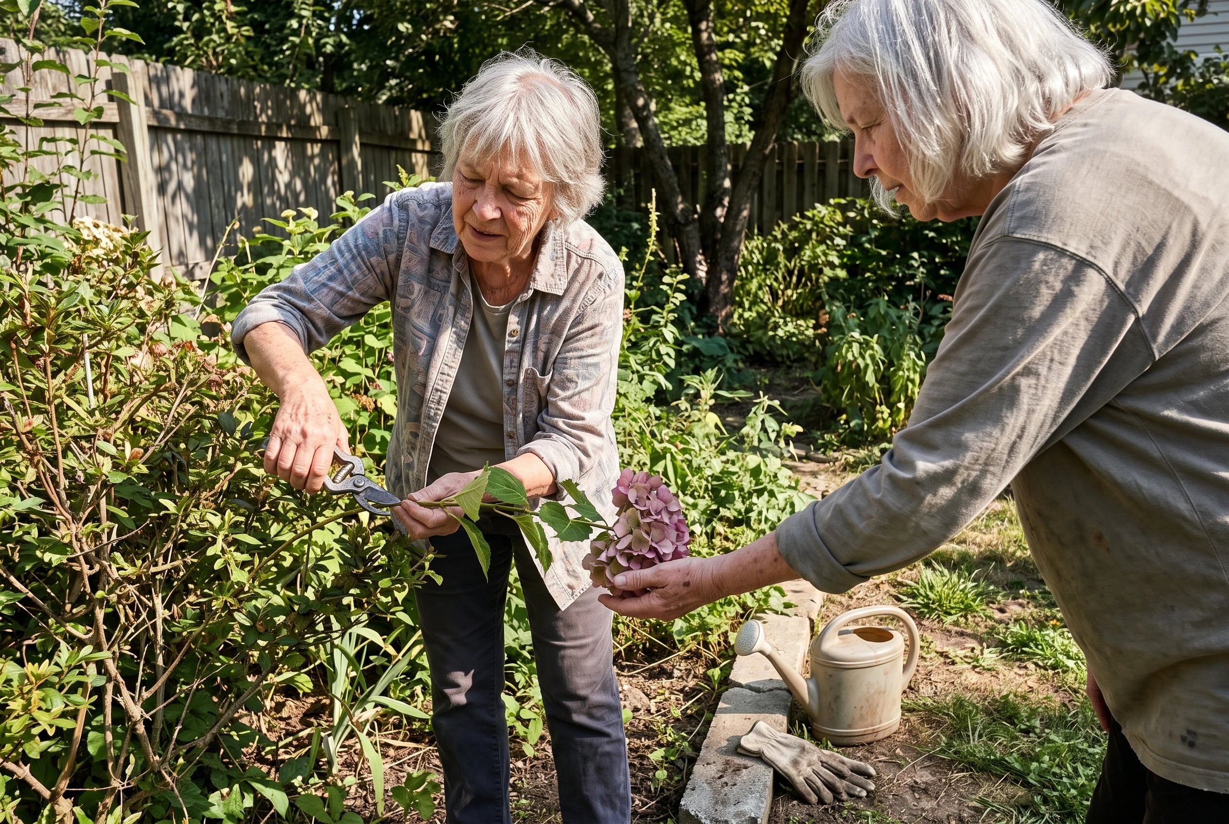 Older woman closing a ratcheting pruner around a stem in her flower garden.