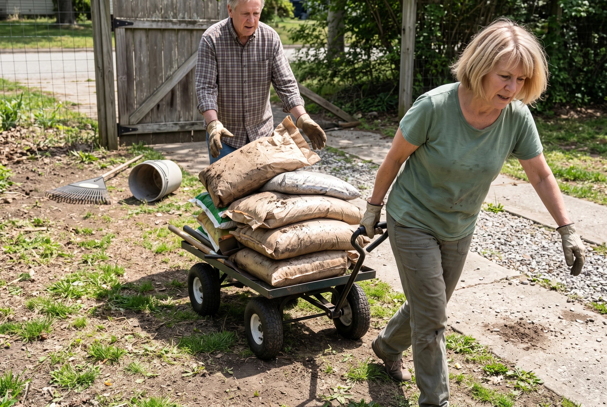 Older woman pulling a garden cart loaded with soil across her yard.