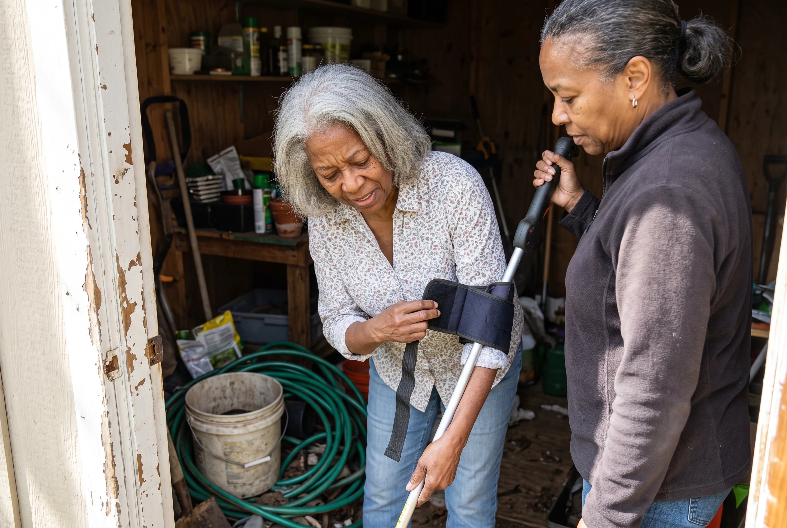 Older woman fastening an arm support cuff to a garden tool in her shed.