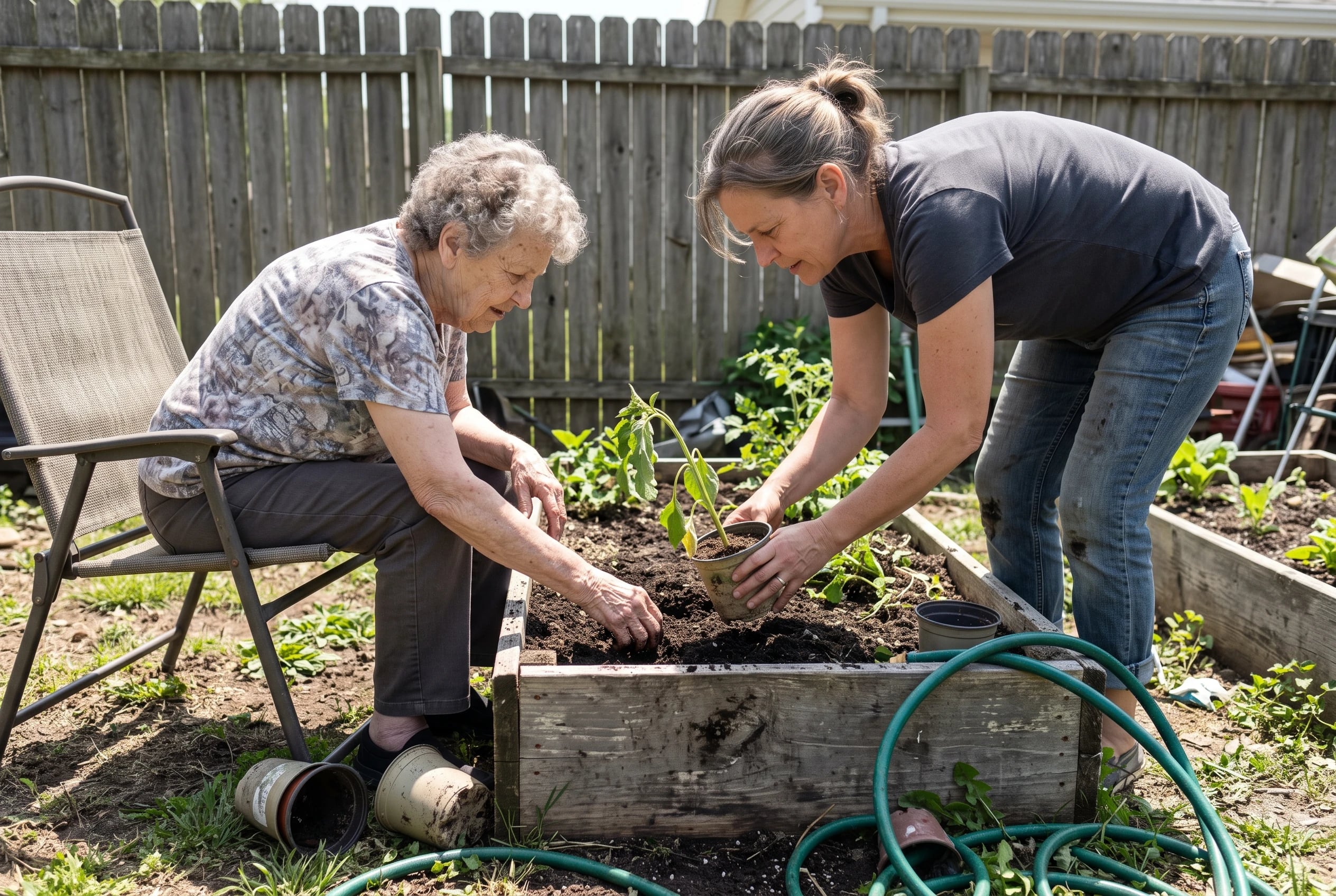 Older woman reaching toward soil in a raised bed from a chair in her backyard.