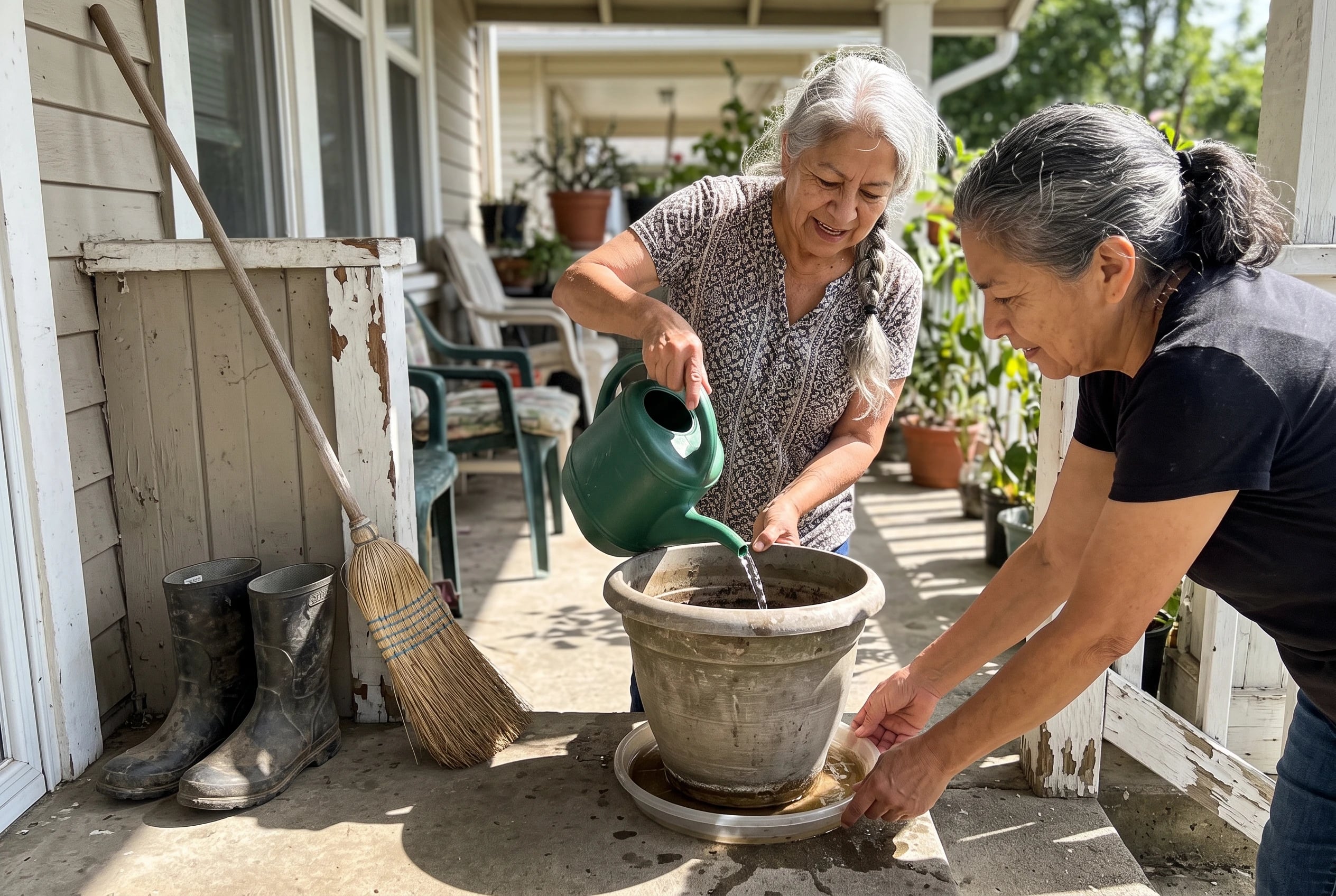 Older woman filling a reservoir planter on her front porch.
