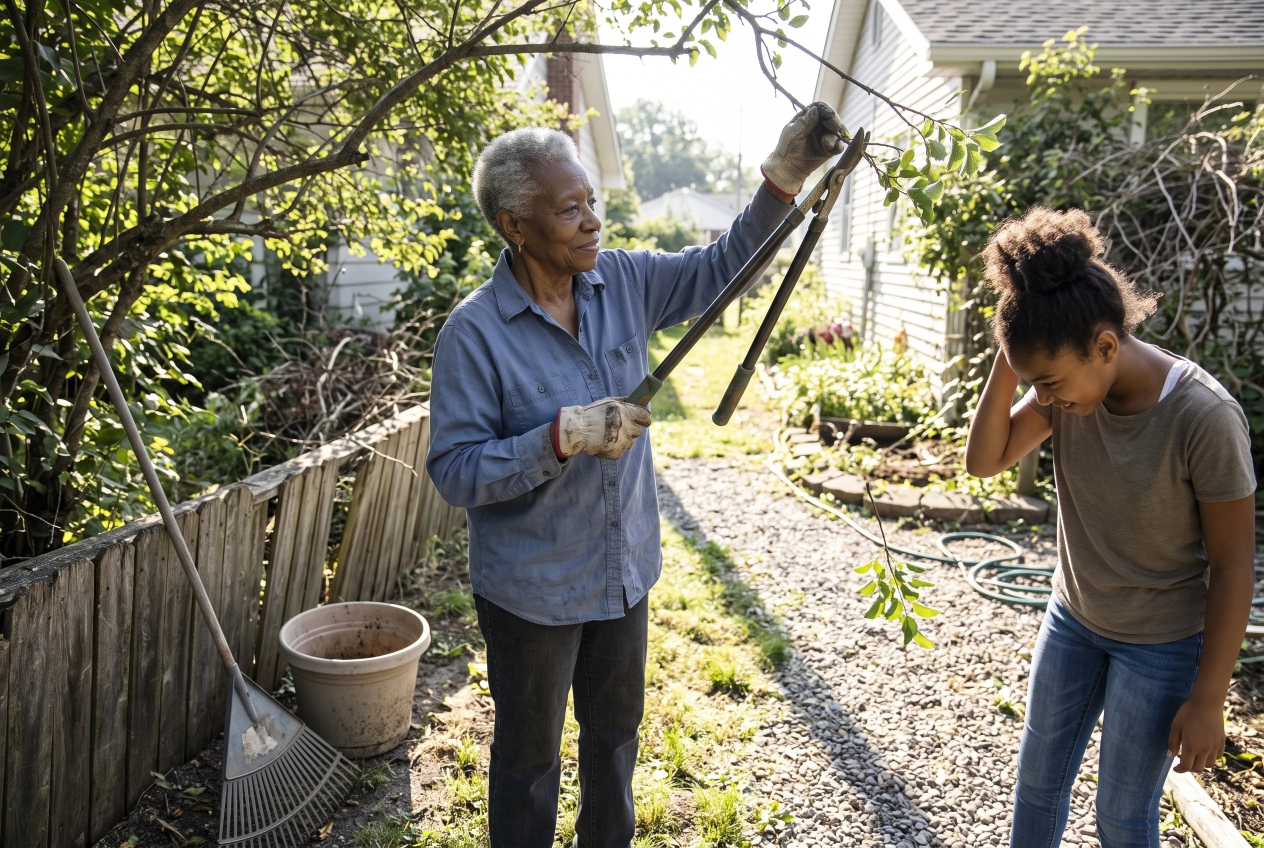Older woman extending lopper handles toward a branch beside a garden path.