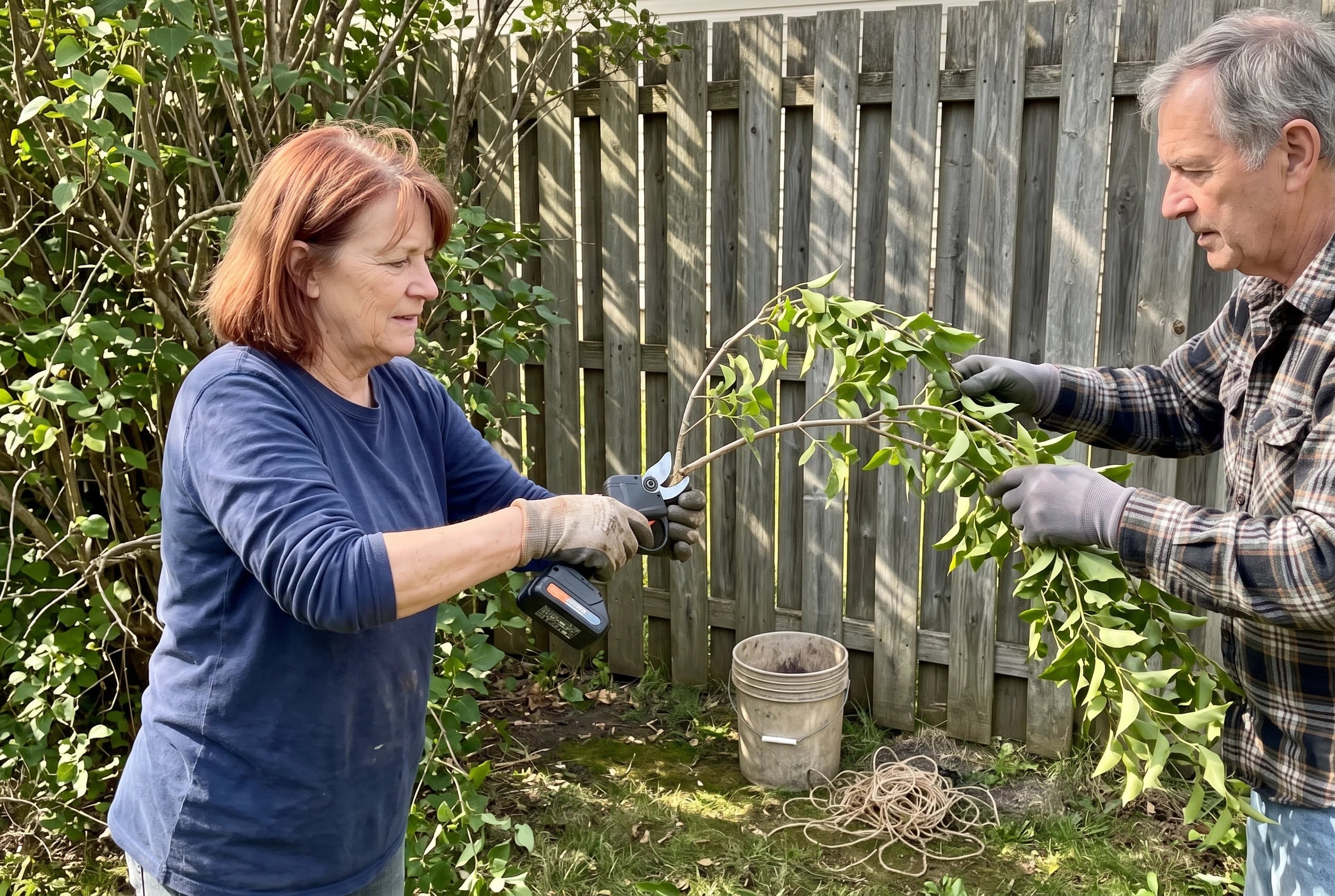 Older woman aiming a battery pruning shear at a branch beside her garden fence.