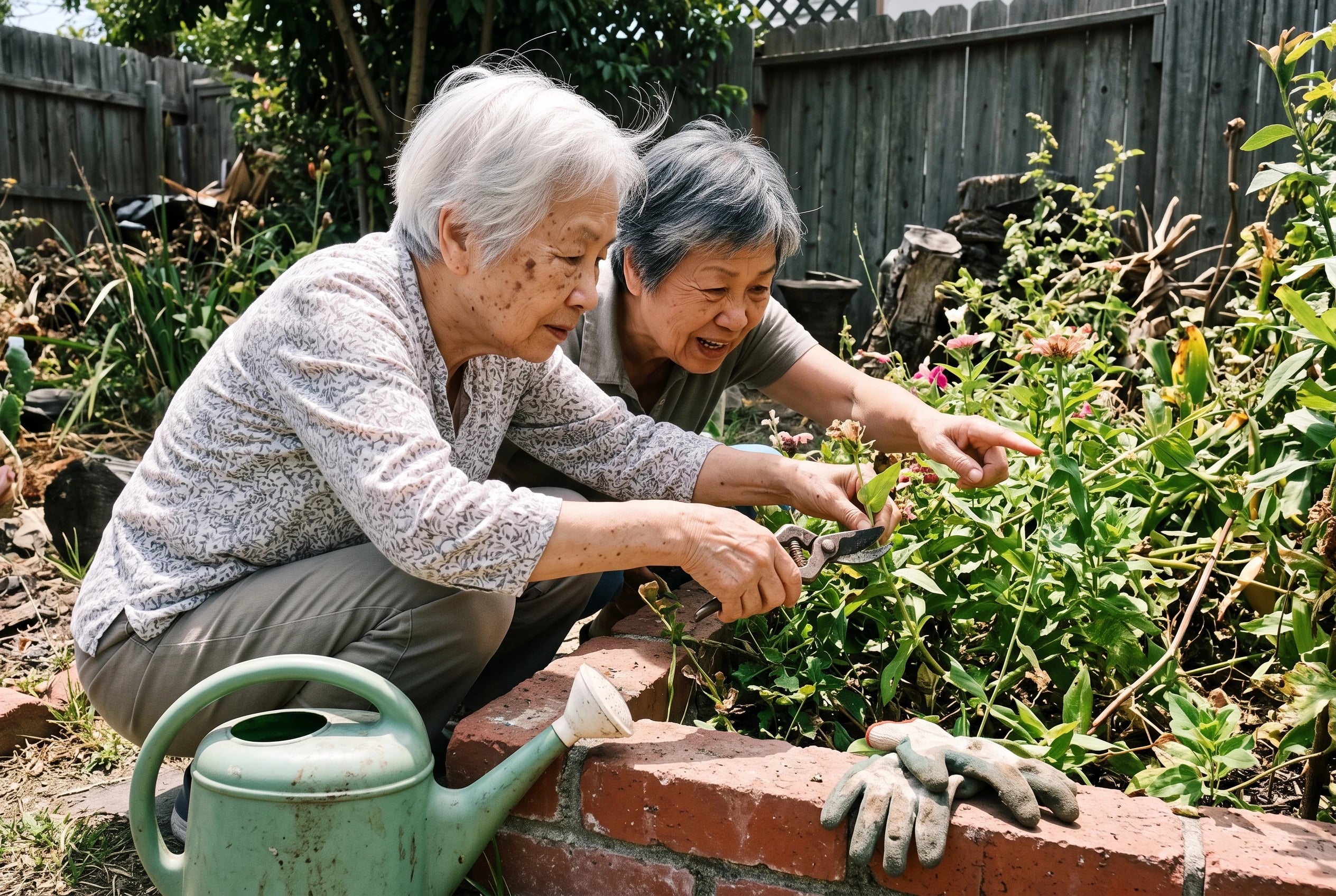 Older woman trimming a stem between crowded plants in a backyard flower bed.