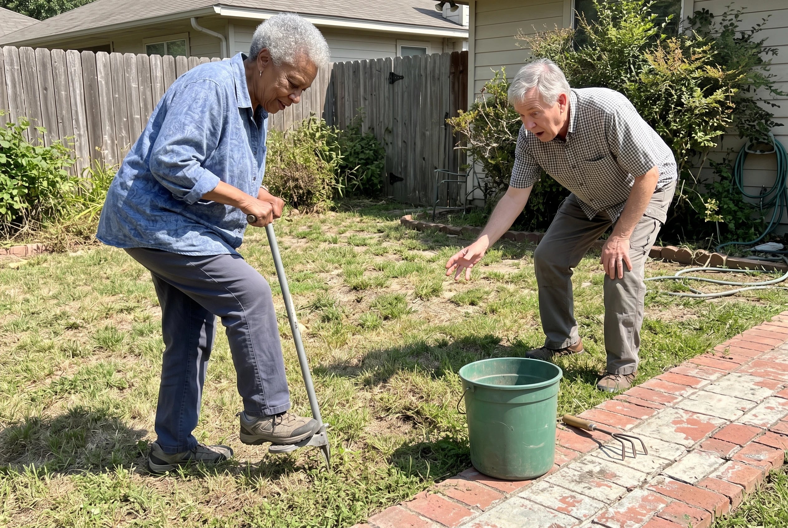 Older woman pressing a stand-up weeder’s foot platform beside a backyard walkway.
