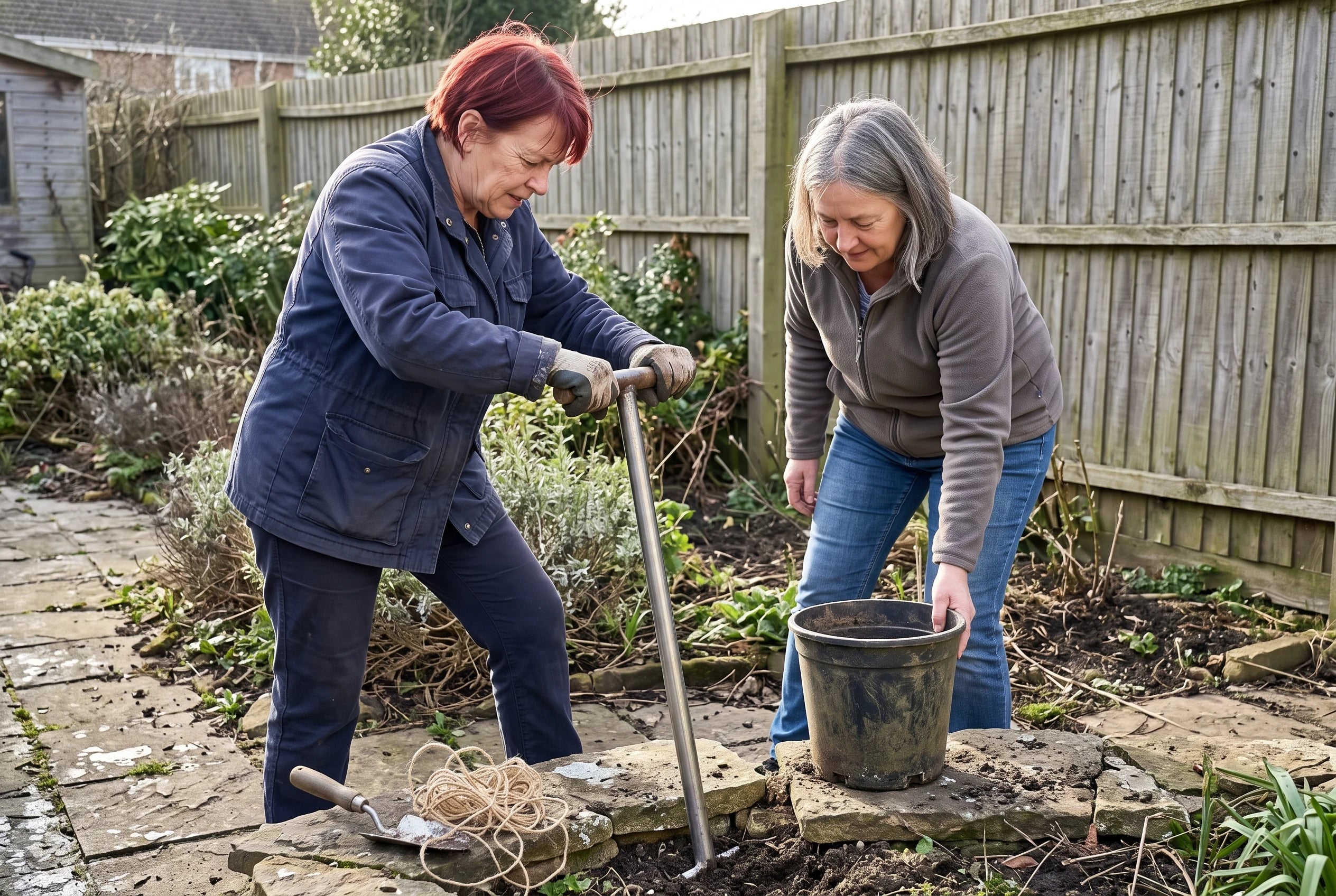 Older woman pressing a long-handled bulb planter into soil along a garden path.