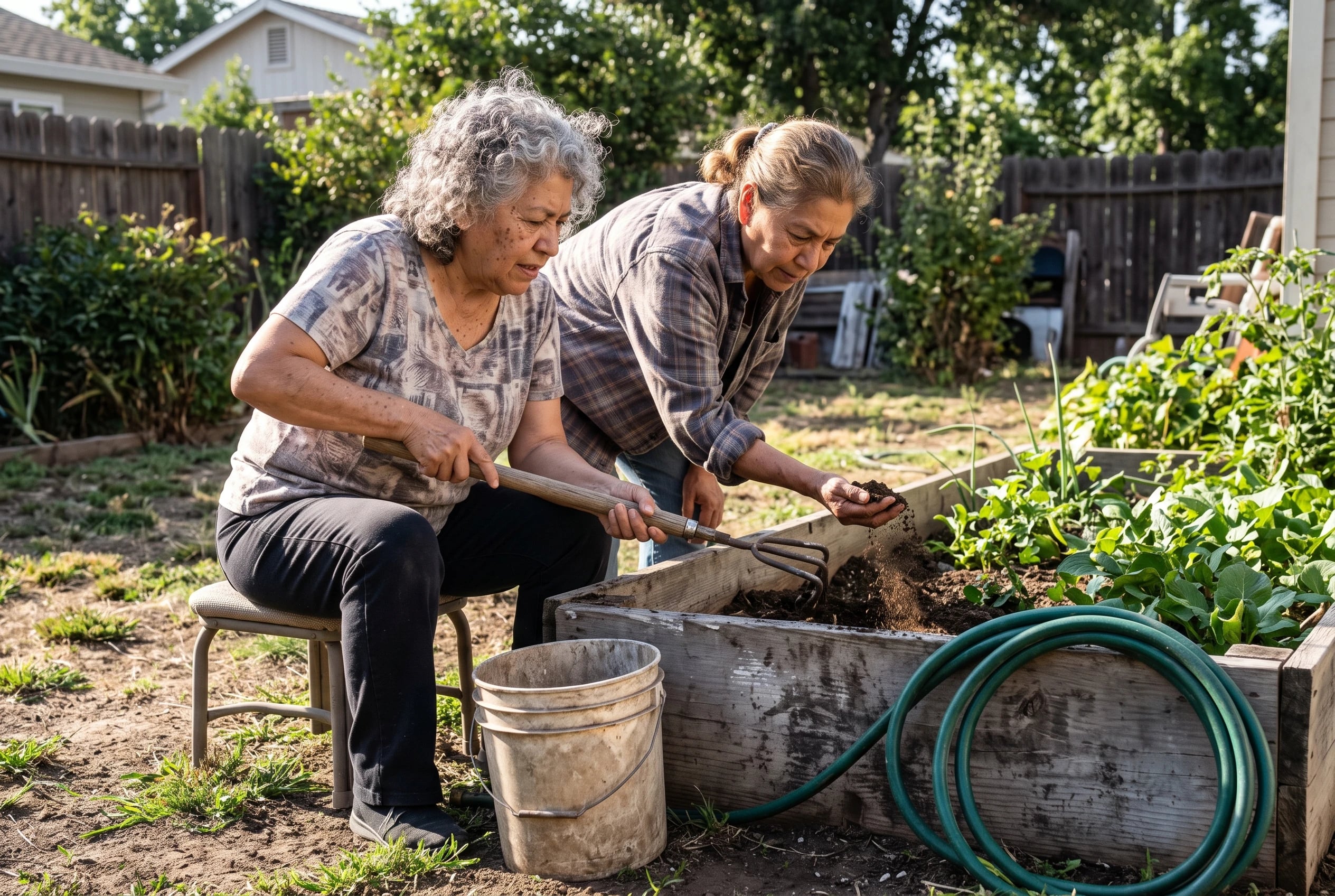 Older woman using a long-handled cultivator while seated beside a raised bed.