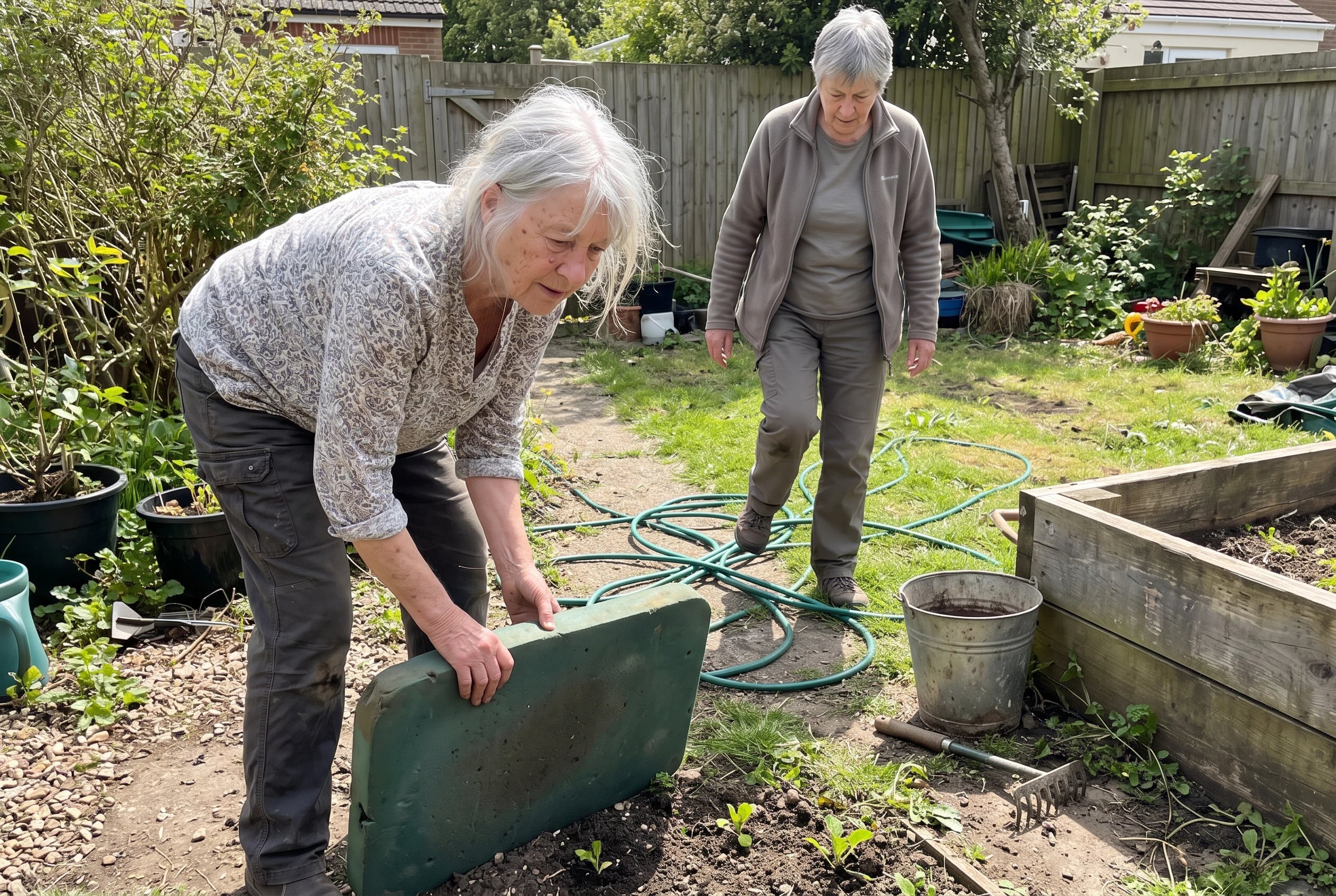 Older woman placing a thick kneeling pad beside seedlings in her garden.