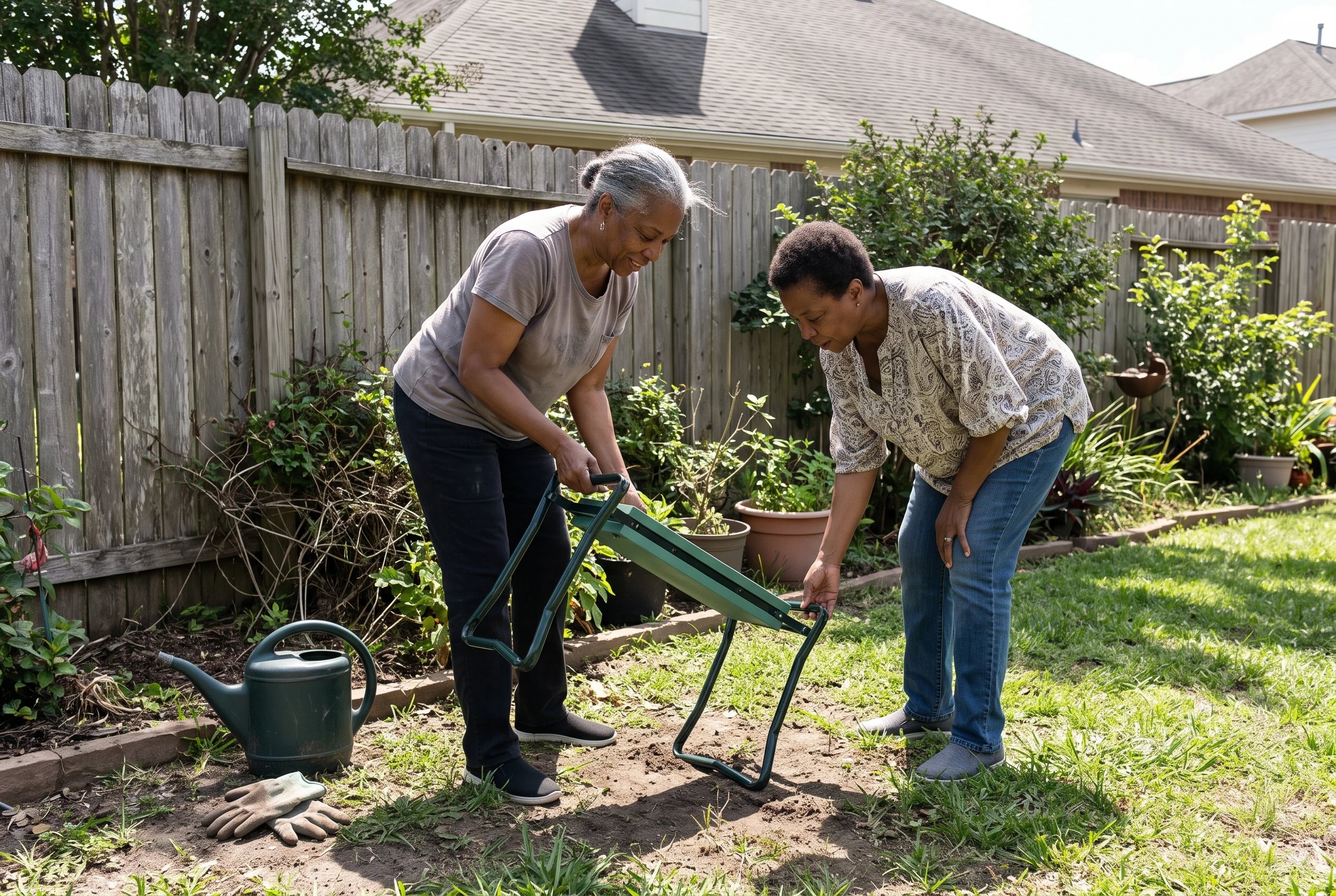 Older woman flipping a garden kneeler into a bench beside a backyard border.