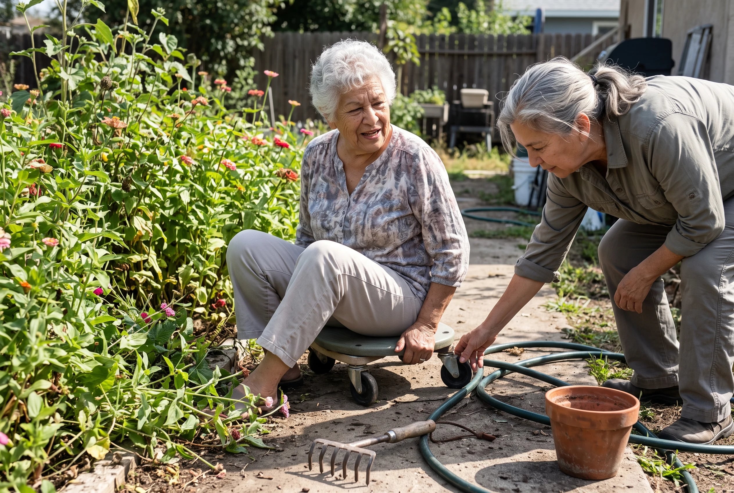 Older woman turning on a rolling garden stool beside a flower bed.