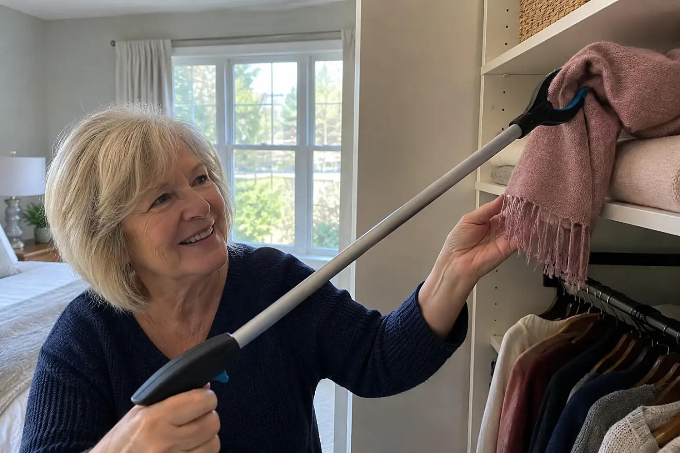 Woman in her sixties retrieving a scarf from a closet shelf with a reacher.