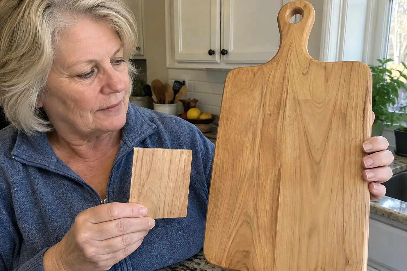 Woman in her sixties comparing a recipe card with an engraving preview at her kitchen counter.