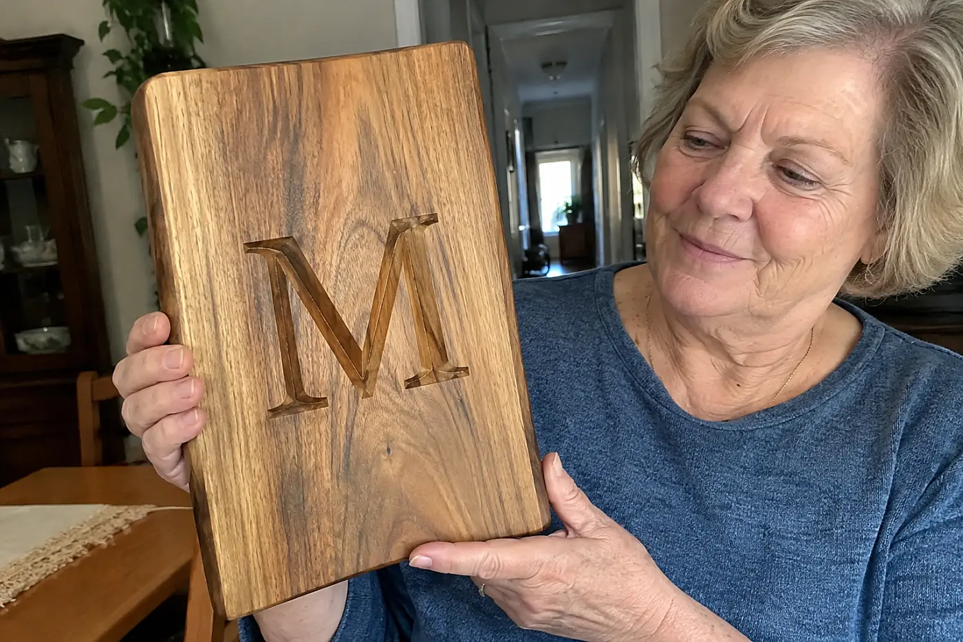 Woman in her sixties holding an initial-engraved board in her dining room.
