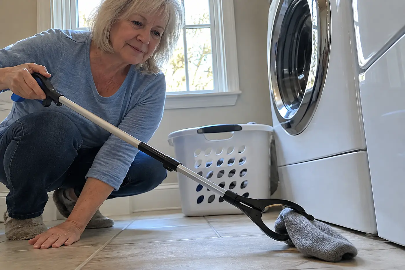 Woman in her sixties using a reacher to pick up a sock in her laundry room.