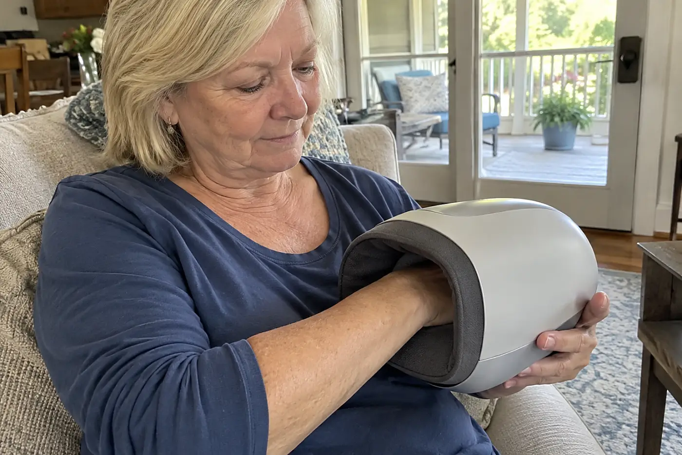 Woman in her sixties placing her hand inside a massager on a living room sofa.