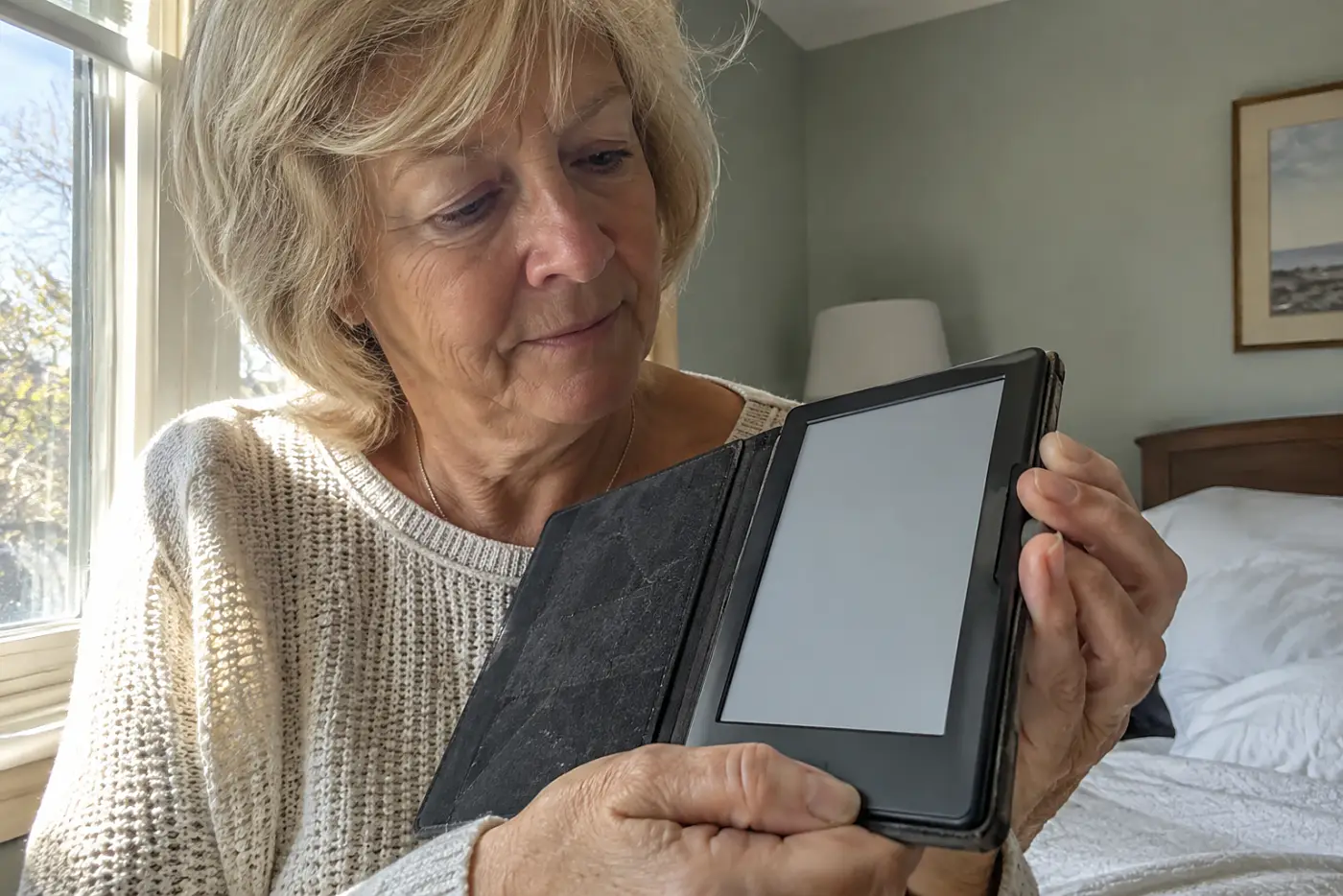 Woman in her sixties adjusting text on an e-reader beside her bedroom window.