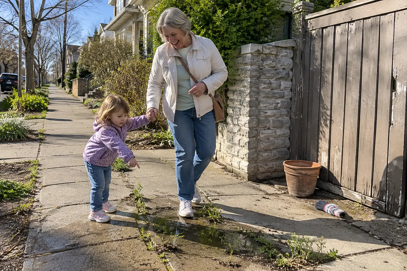 A woman in her sixties walking beside her grandchild on a neighborhood sidewalk as the child points to weeds growing through a crack.