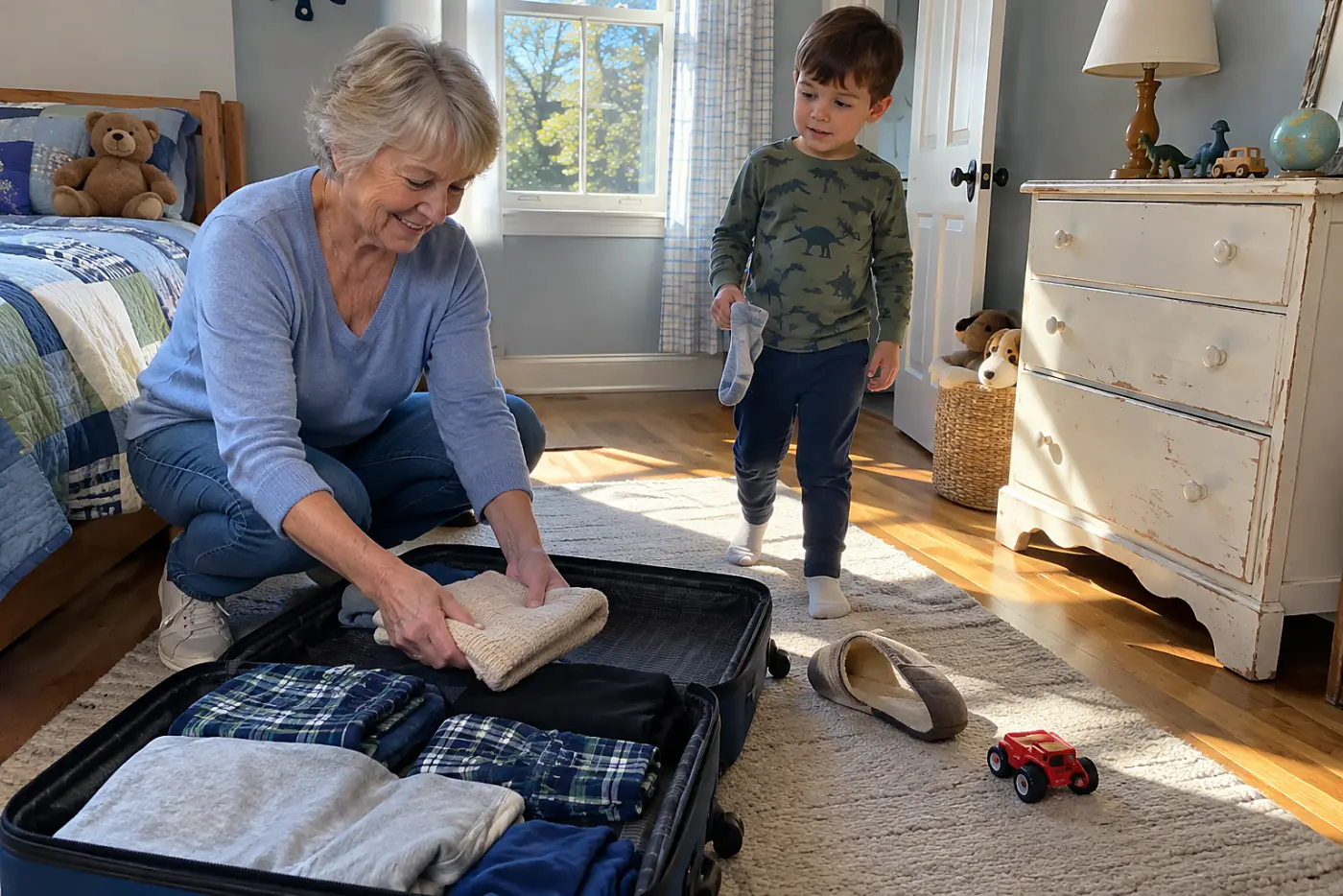 An older woman tucking a folded note beside pajamas in her grandchild’s open suitcase on a bedroom floor.