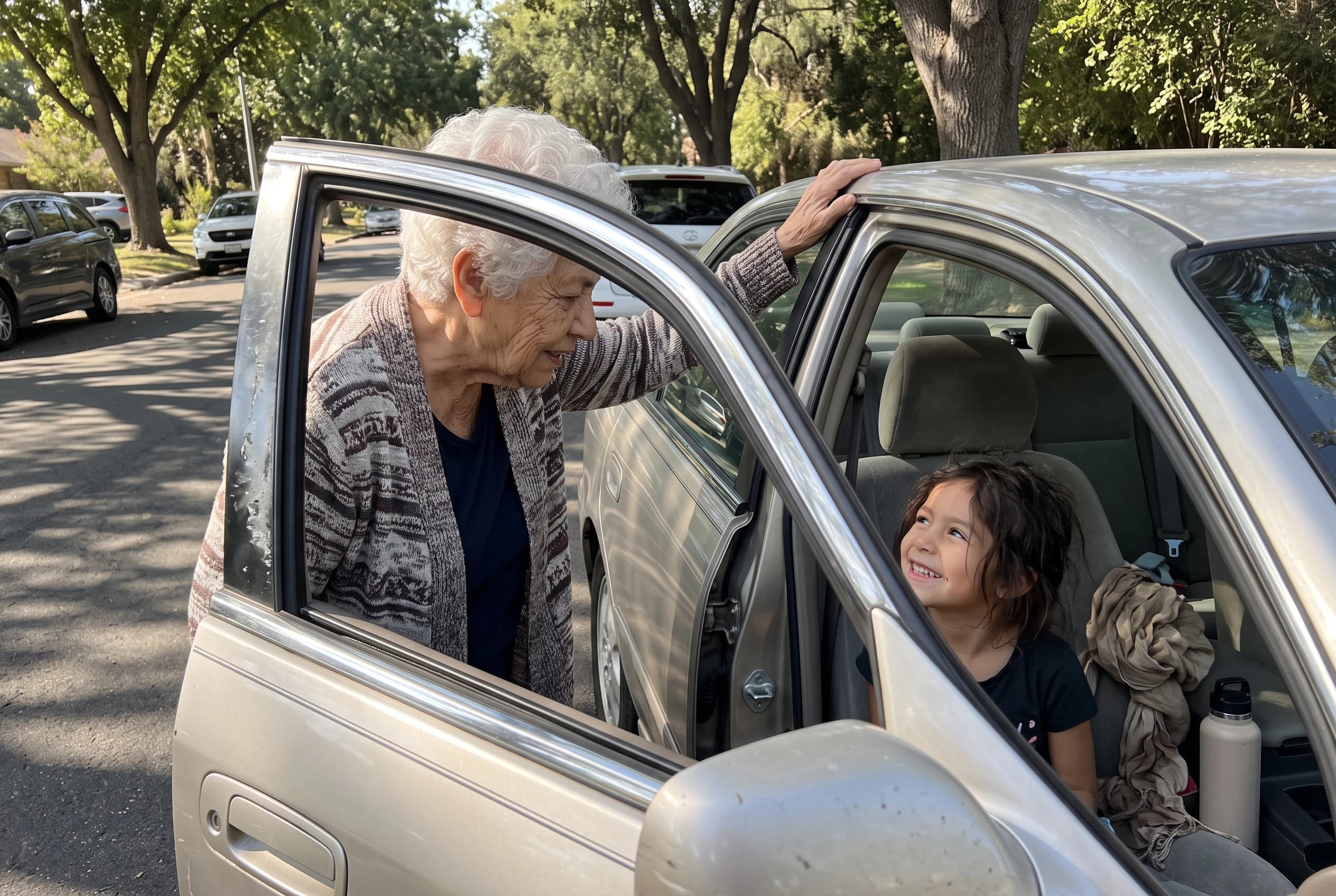 An older woman says her chosen name to a grandchild in the front seat of a parked car.