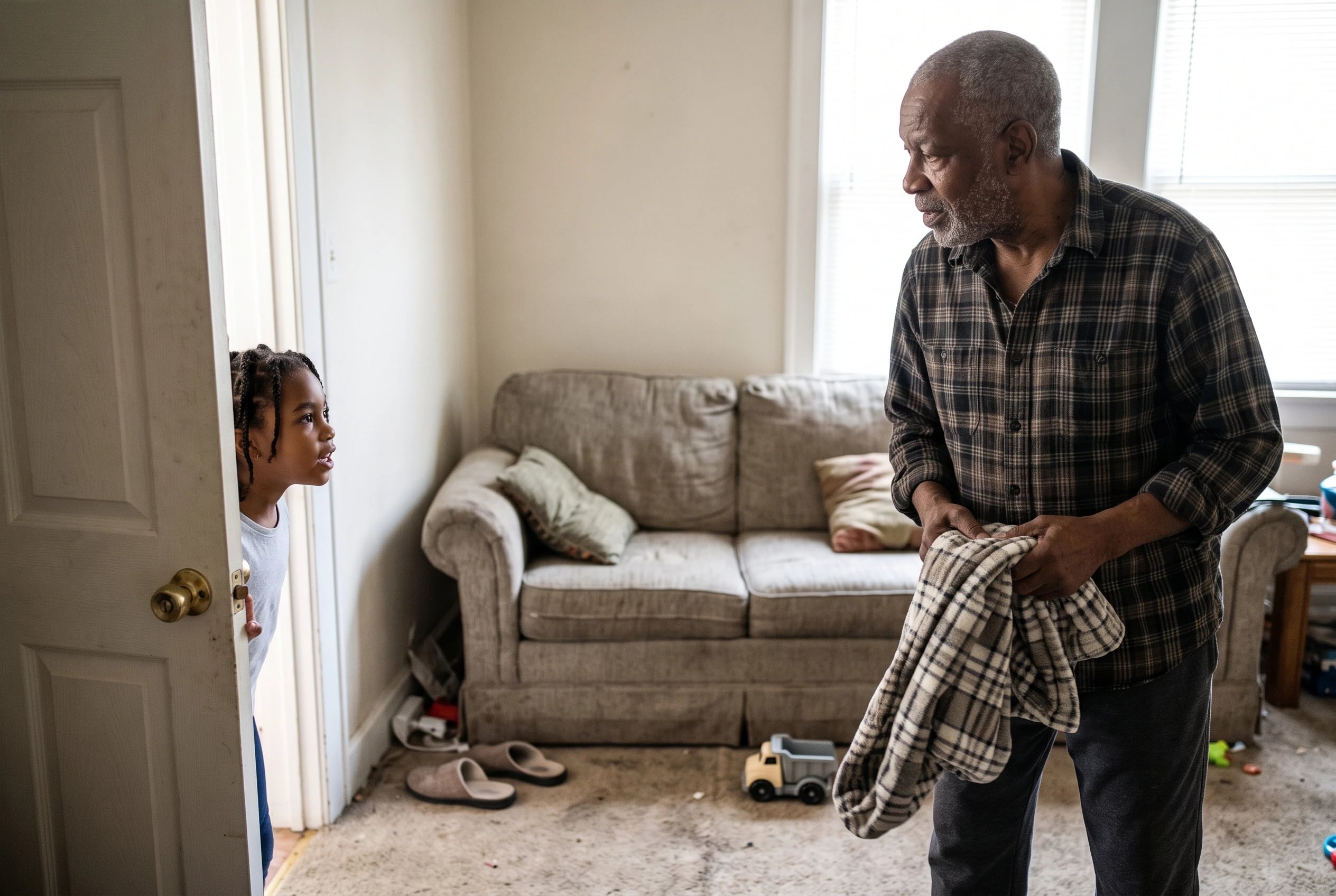 A grandfather answers a child calling from a doorway in a family room.