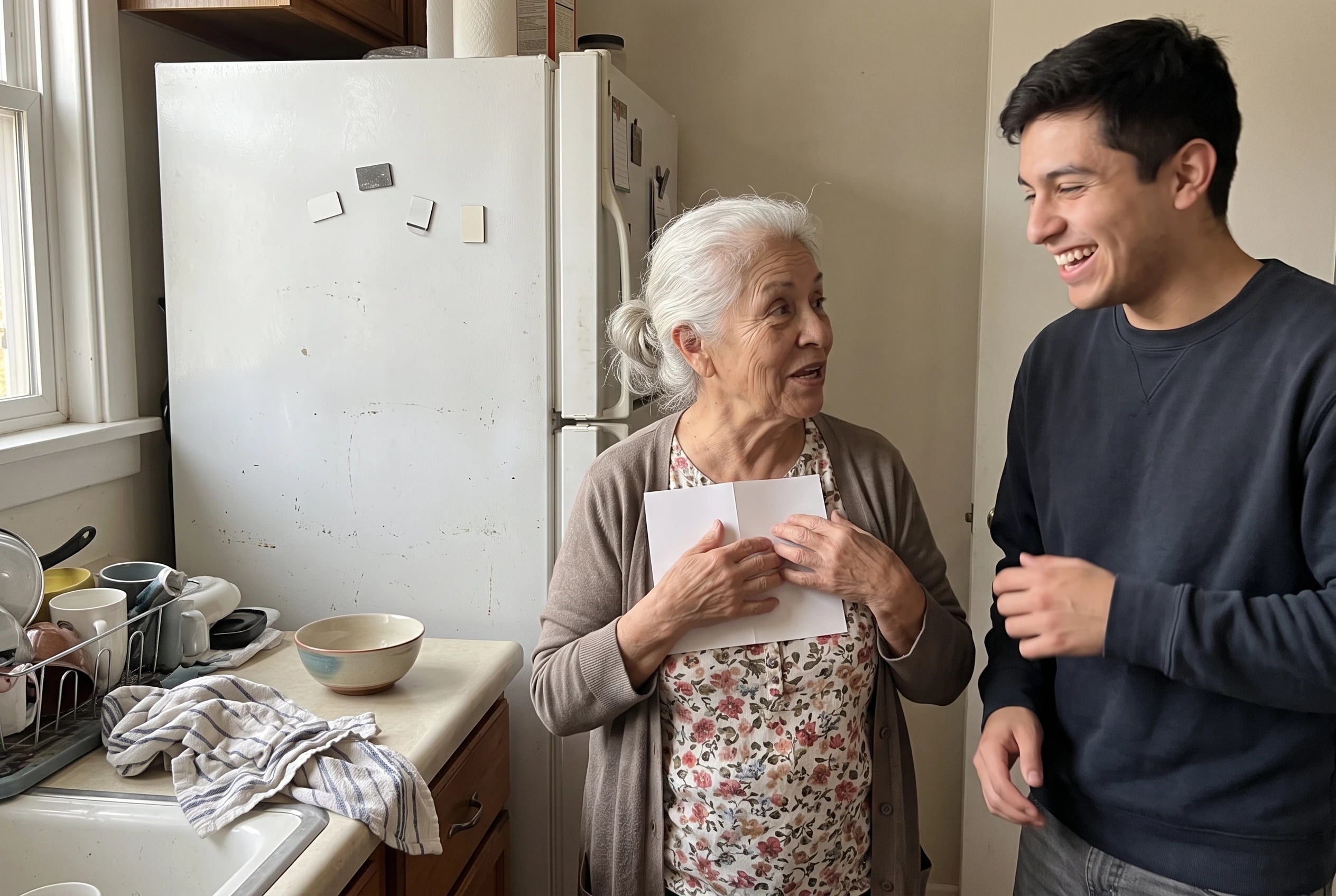 An older woman holds up a birthday card beside her refrigerator while a child watches.
