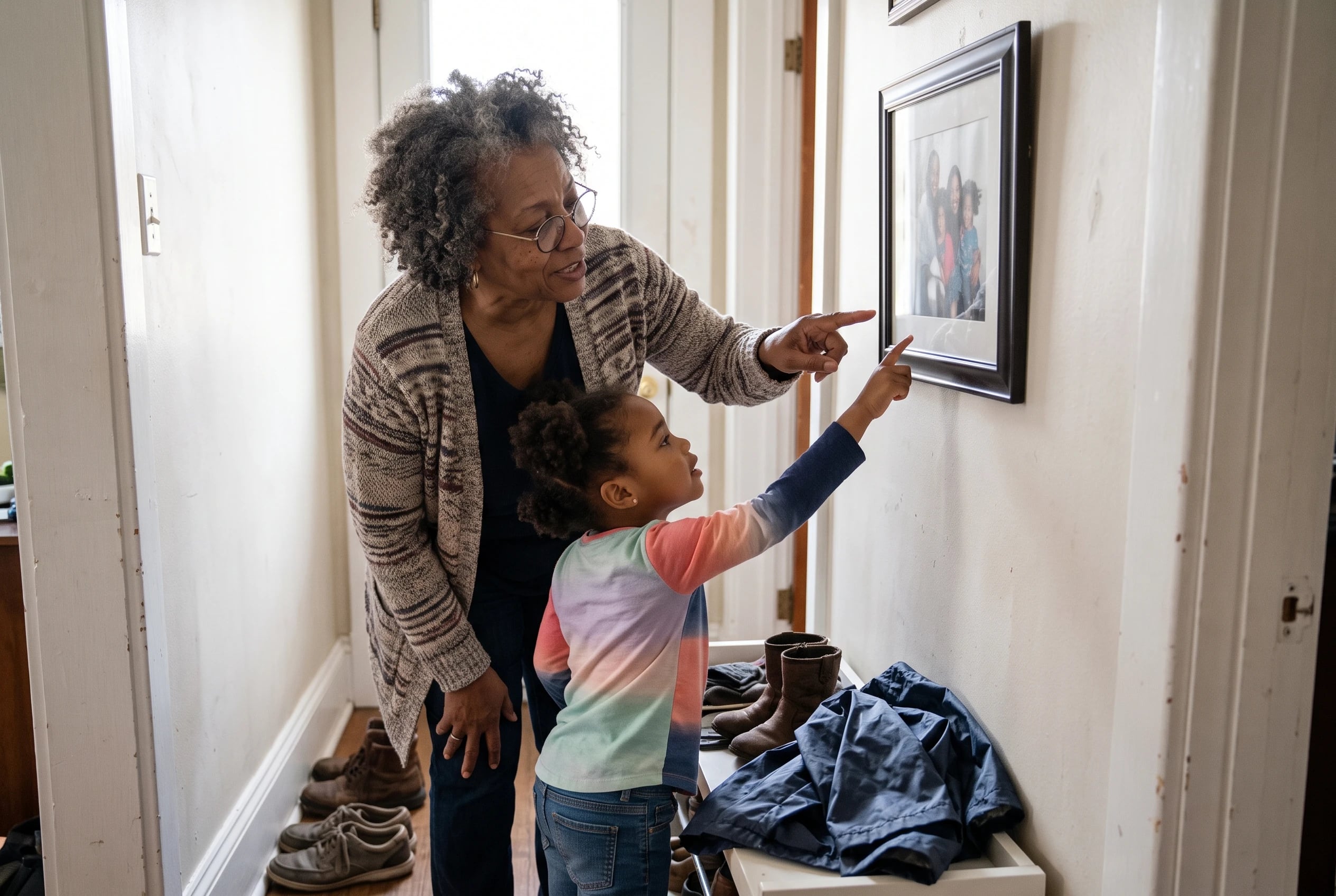 A grandmother shows a child an old photograph on a hallway wall.
