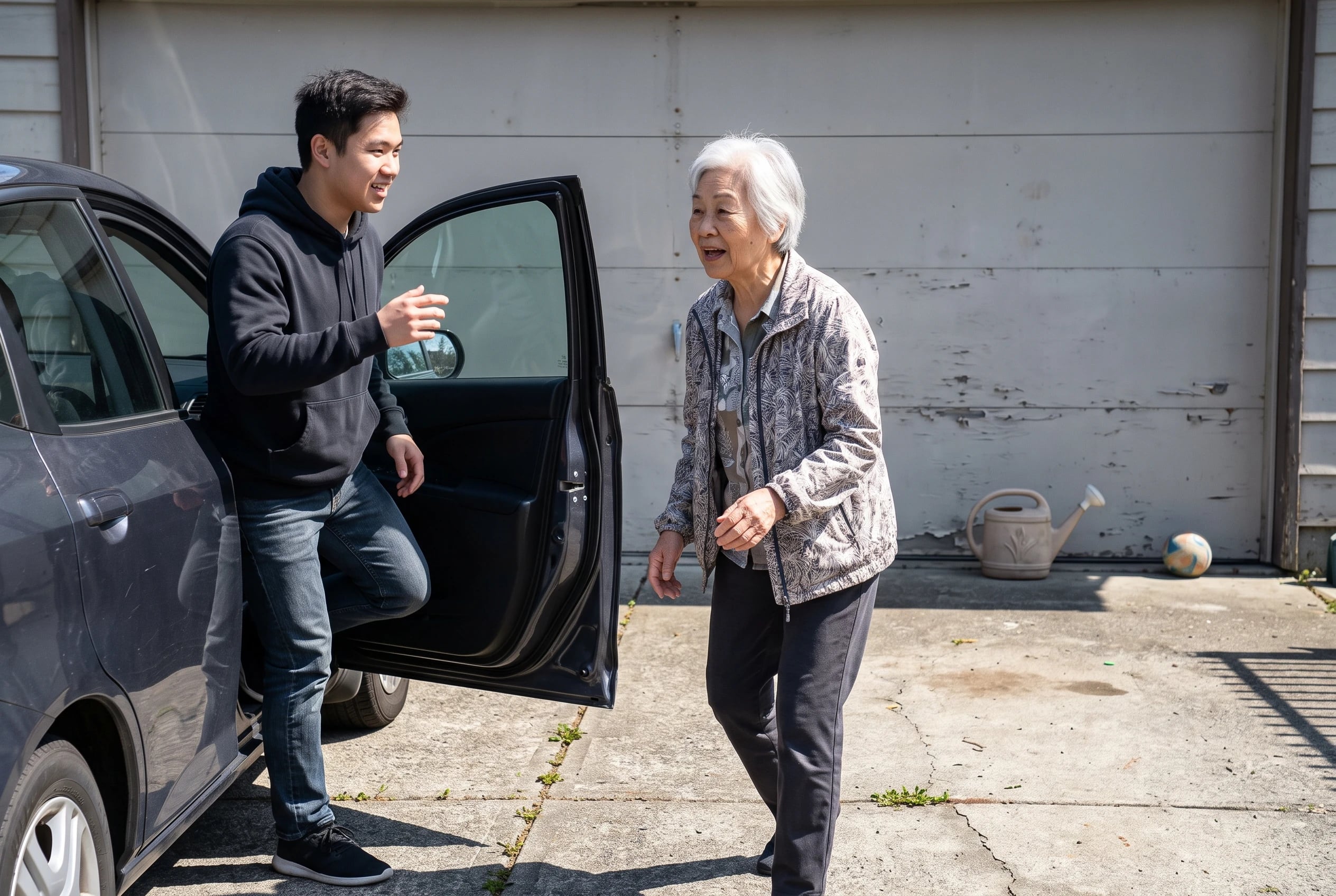 An older woman greets a child climbing out of a car in a driveway.