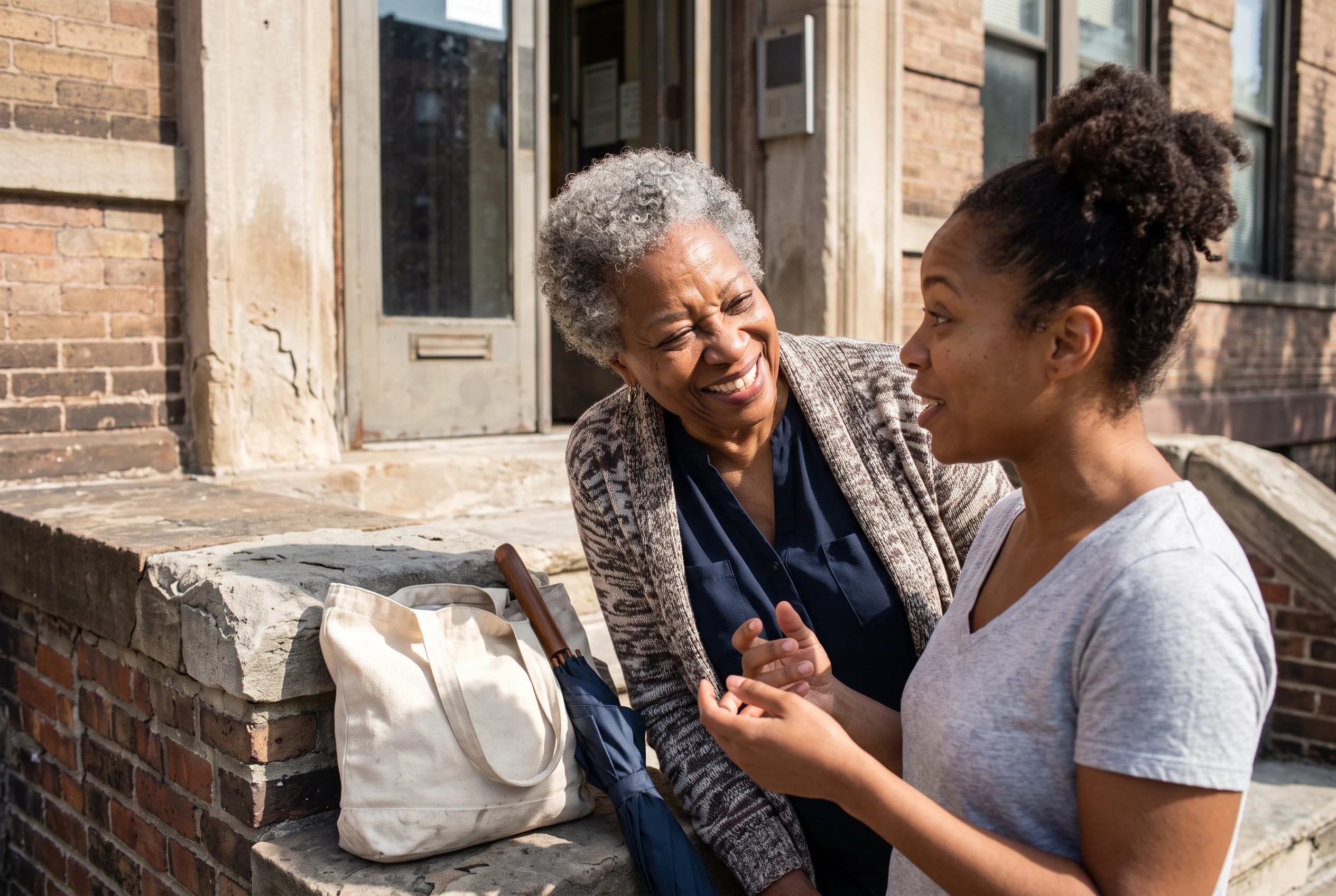 An older woman listens to a relative speak while they stand outside a neighborhood library.
