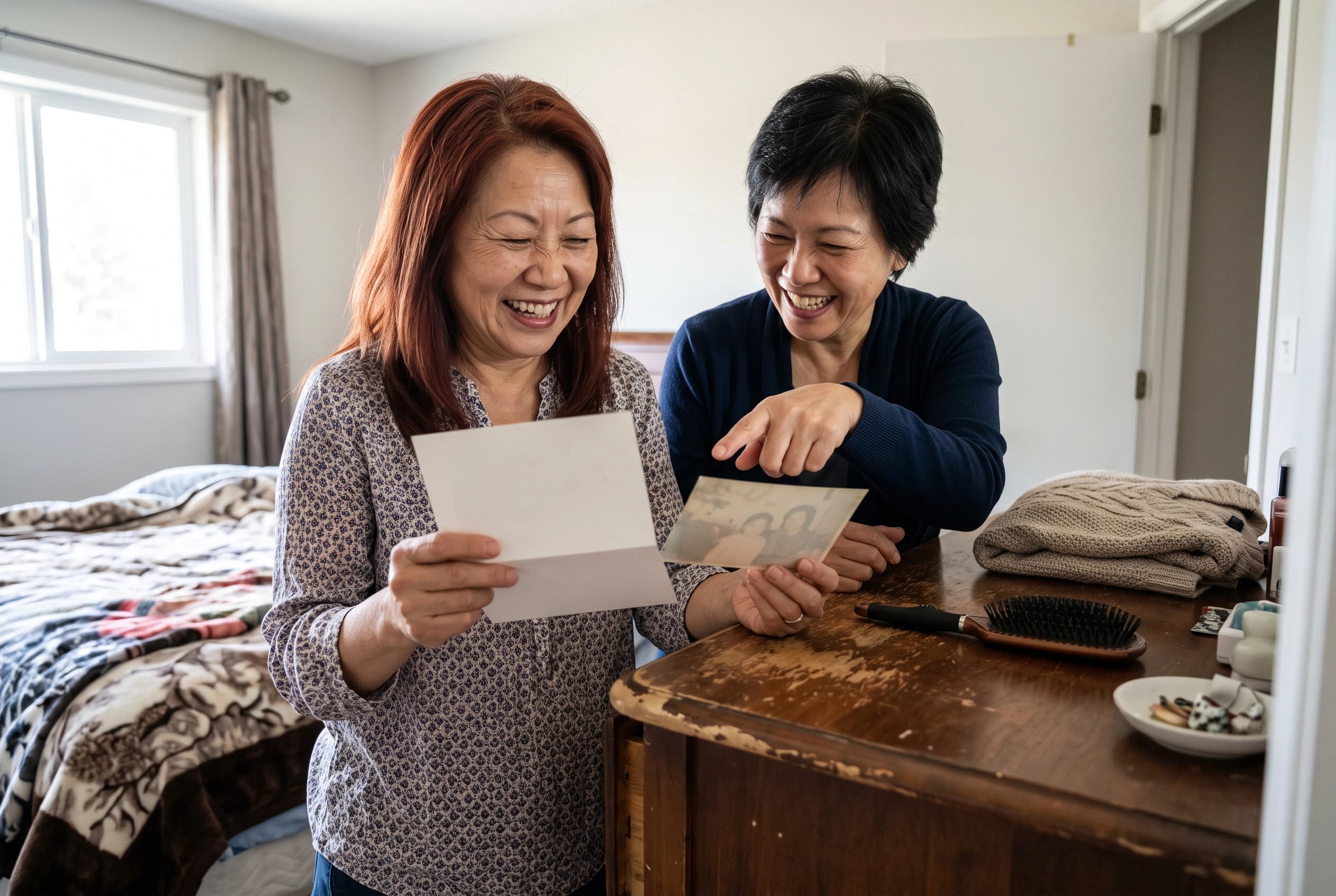 An older woman compares a birthday card with a family photograph on a bedroom dresser.
