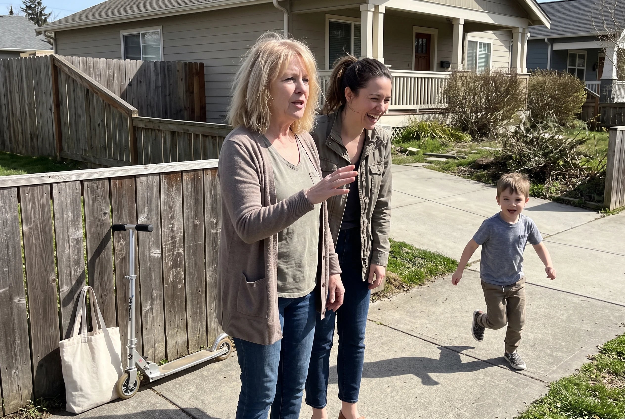 A grandmother speaks with her daughter and grandchild on a sidewalk outside their home.