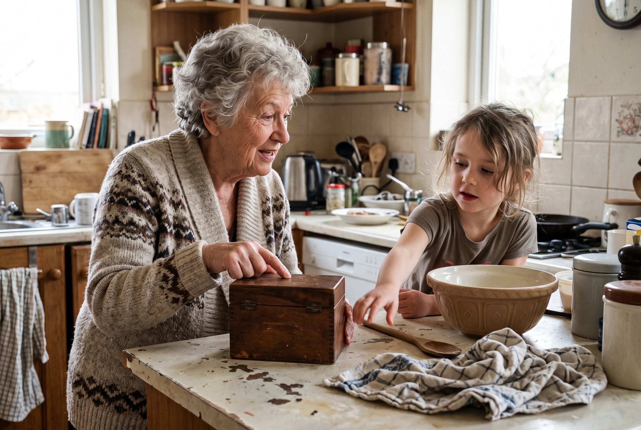 A grandmother shows a child the writing on an old recipe card at a kitchen counter.