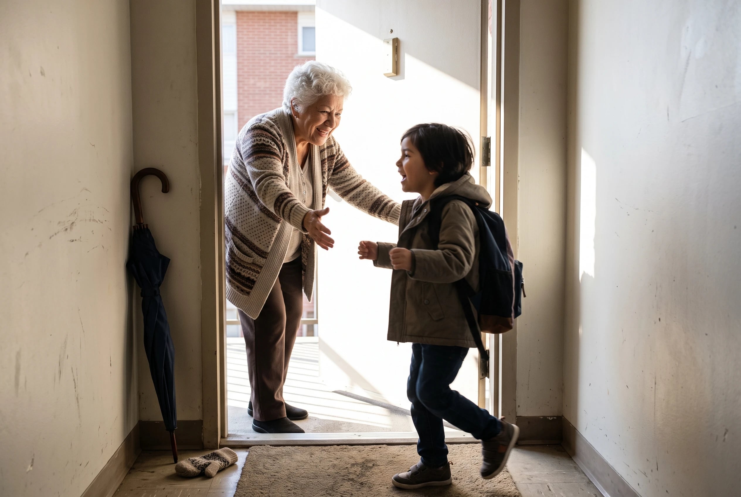 An older woman welcomes a child through the doorway of an apartment building.