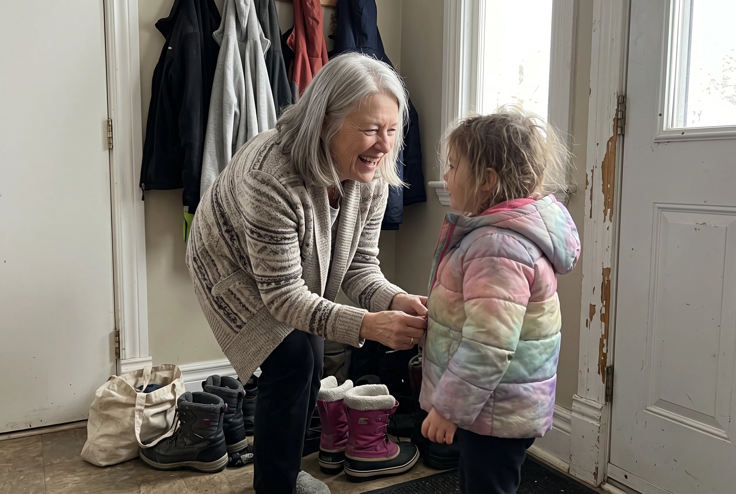 A grandmother speaks to her grandchild while fastening a jacket in a front hallway.
