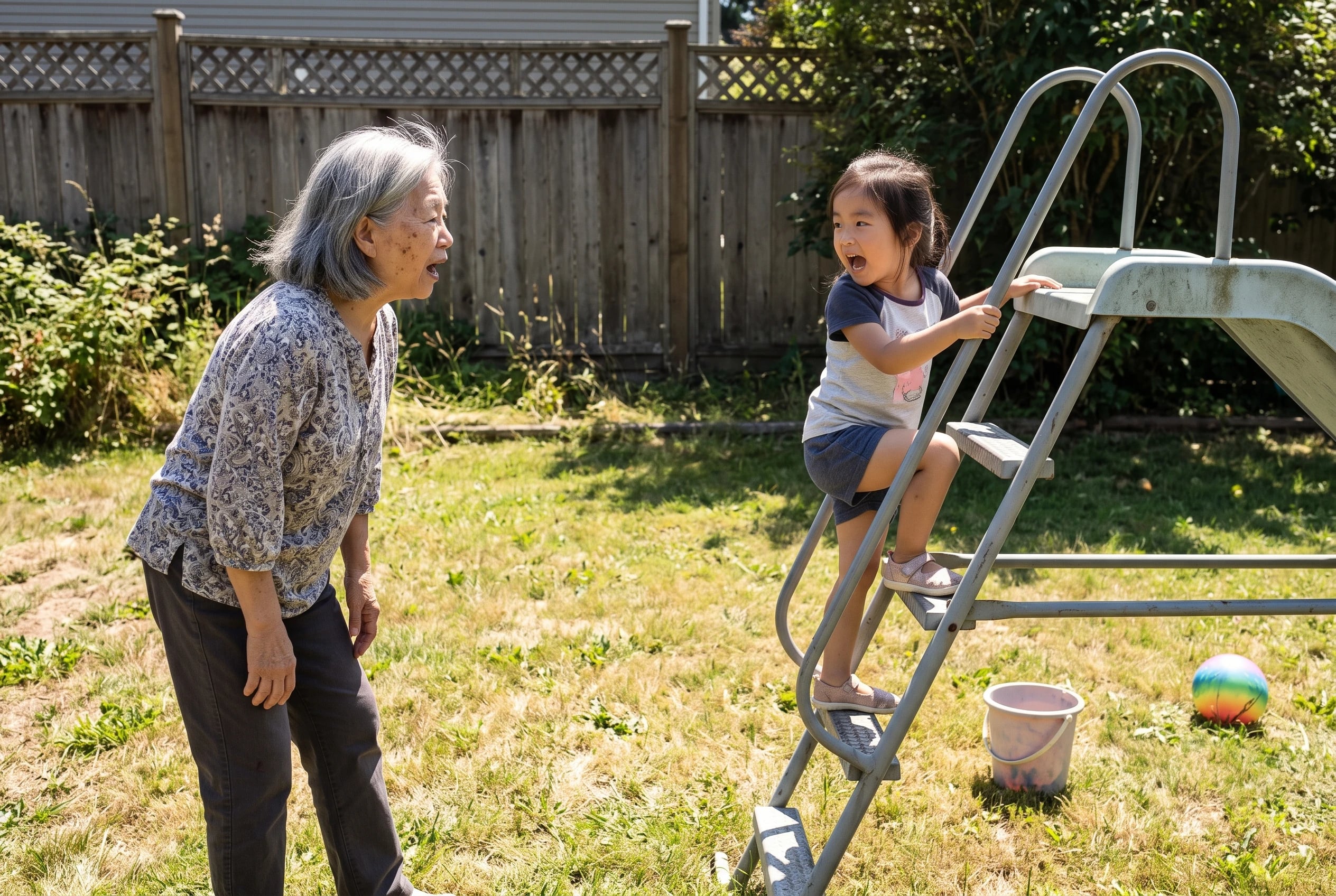 An older woman says her chosen nickname to a child beside a backyard slide.