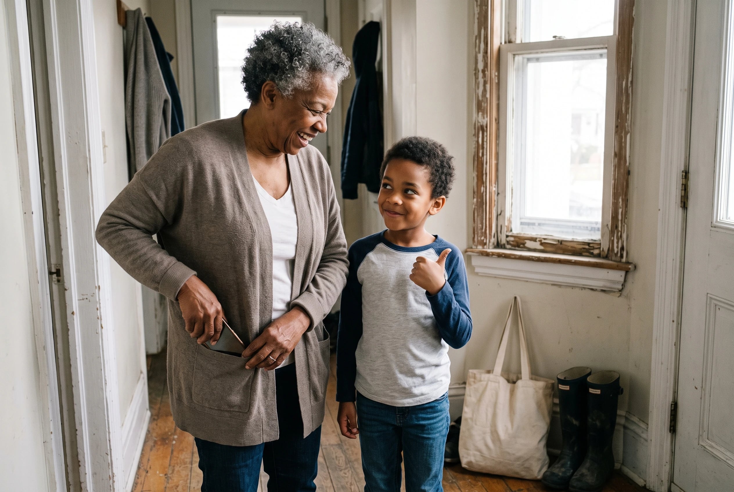 A grandmother shows a child a chart of grandparent names on her phone while standing in a hallway.