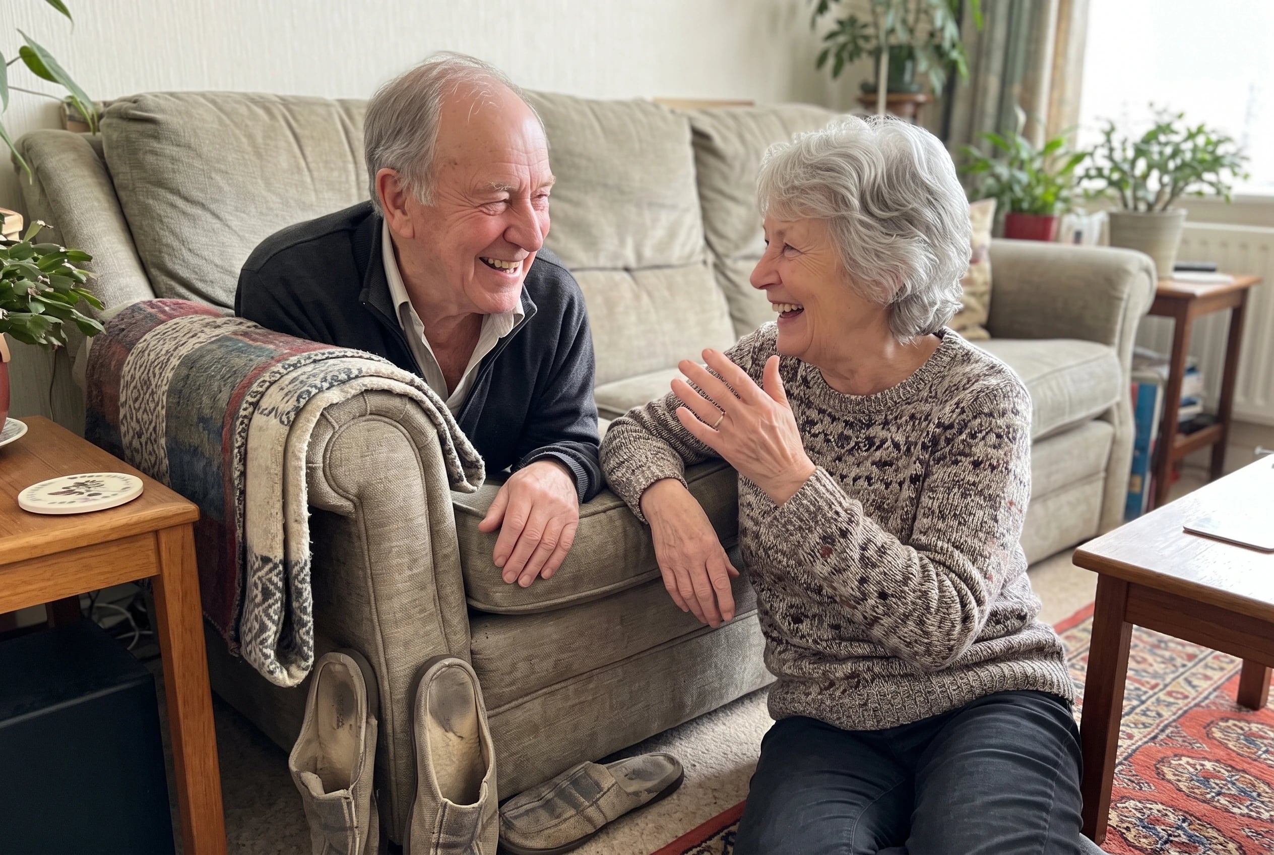 An older man listens to his sister recall a family name on a living room sofa.