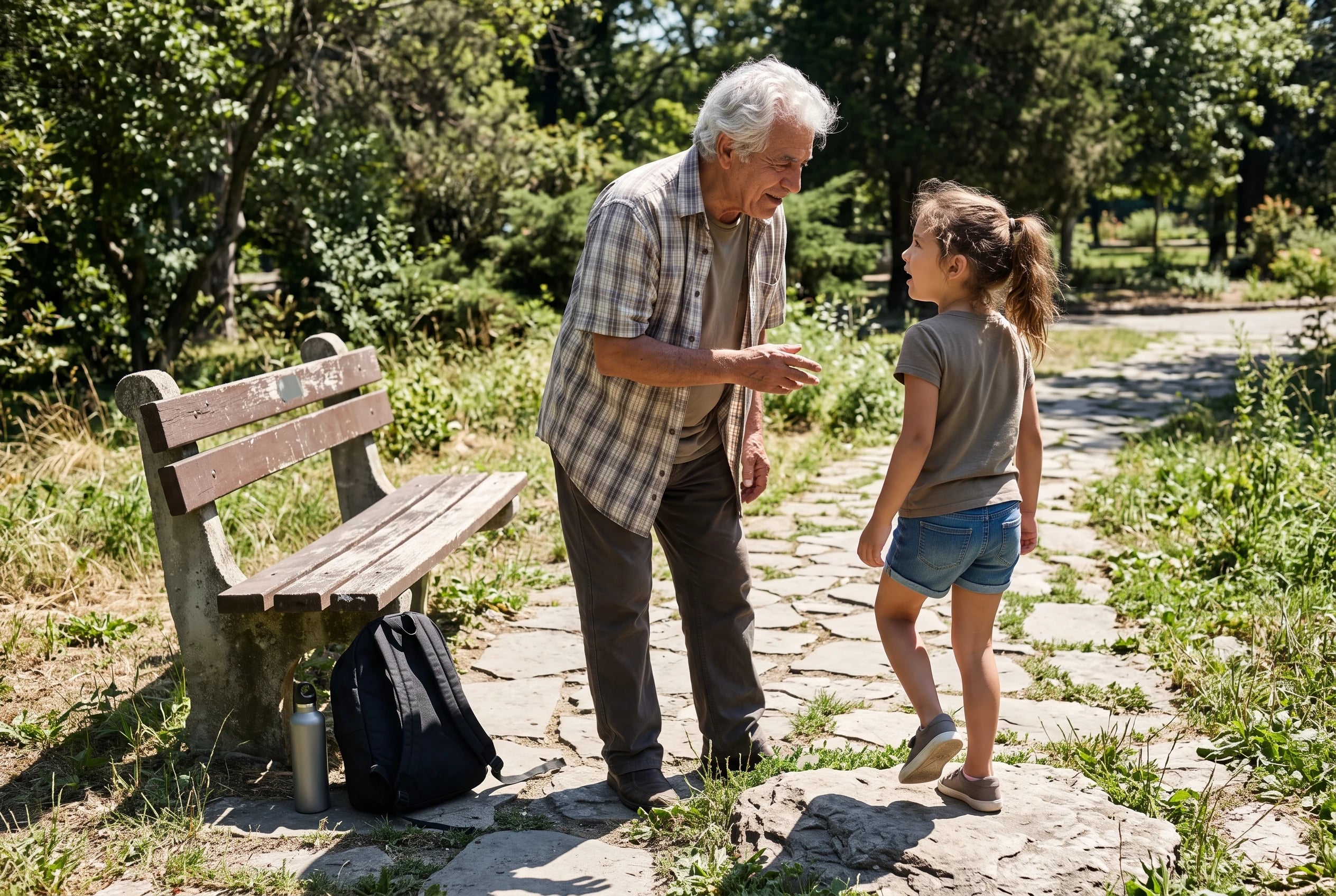 A grandfather talks with a child beside a stone path in a public garden.