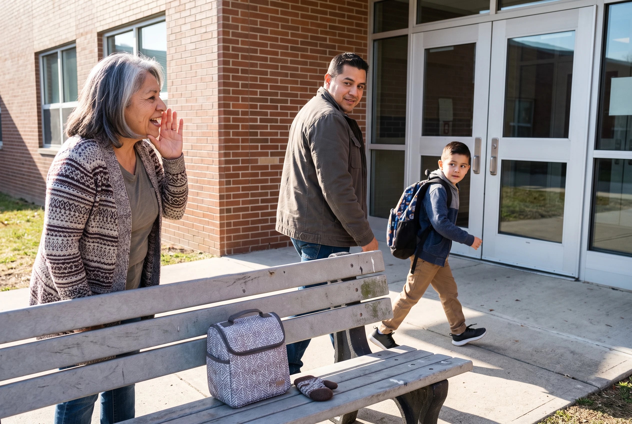 A grandmother stands with her son and grandchild near a school entrance.