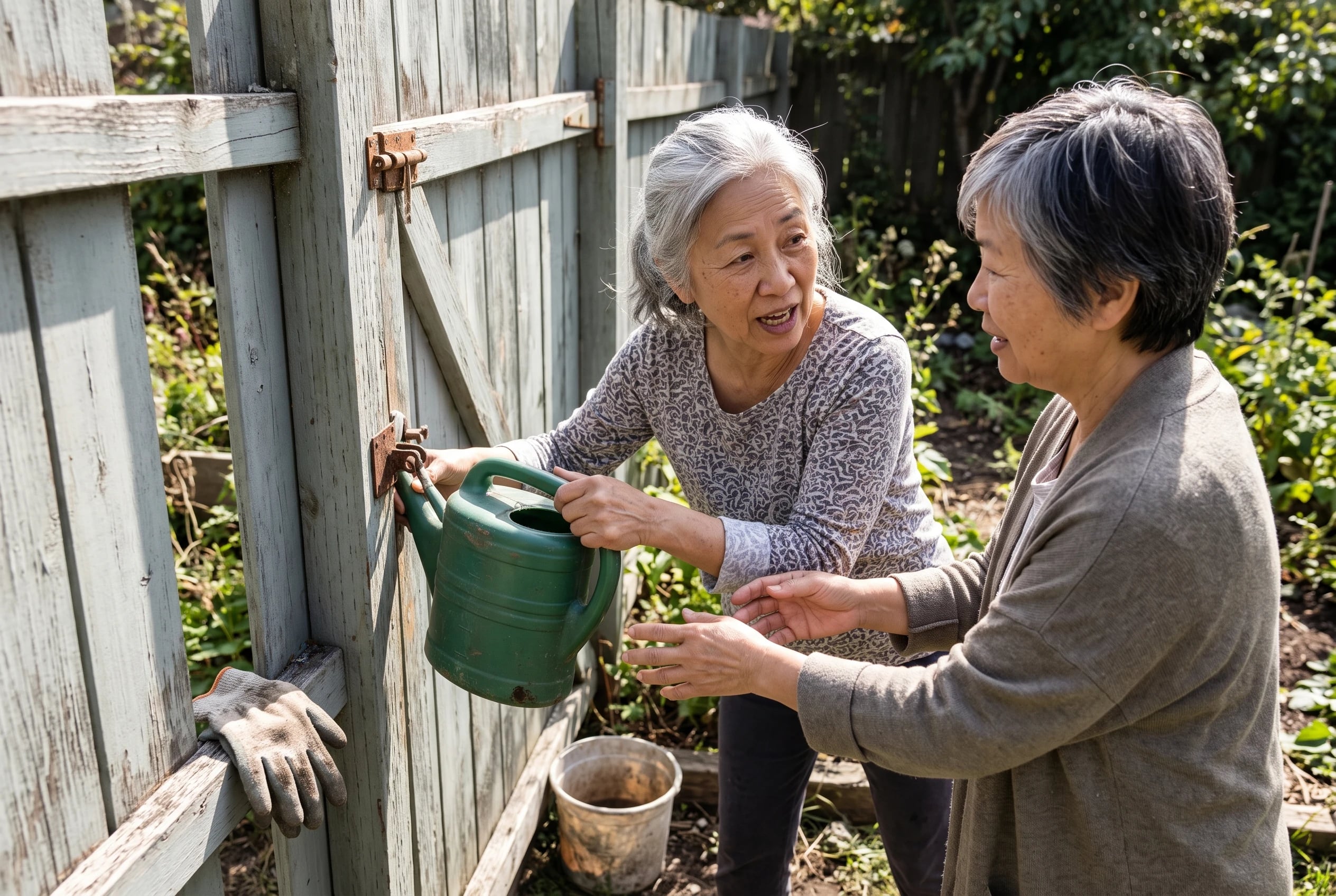 An older woman talks with a relative beside a garden fence.