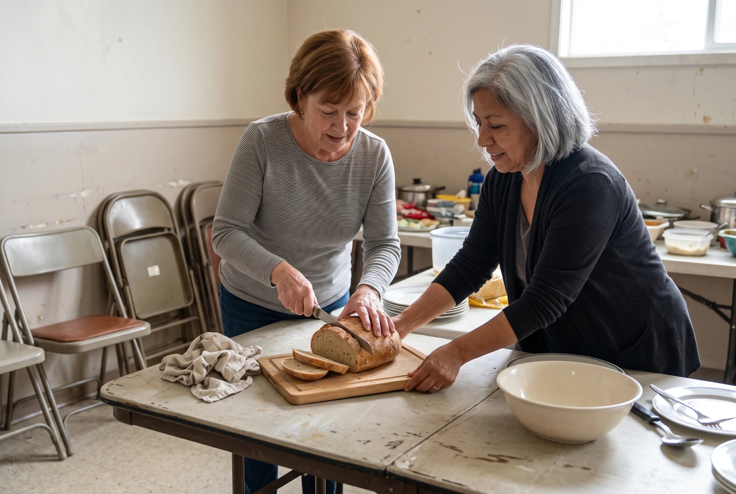 A woman in her sixties slices a homemade loaf at a community hall potluck.