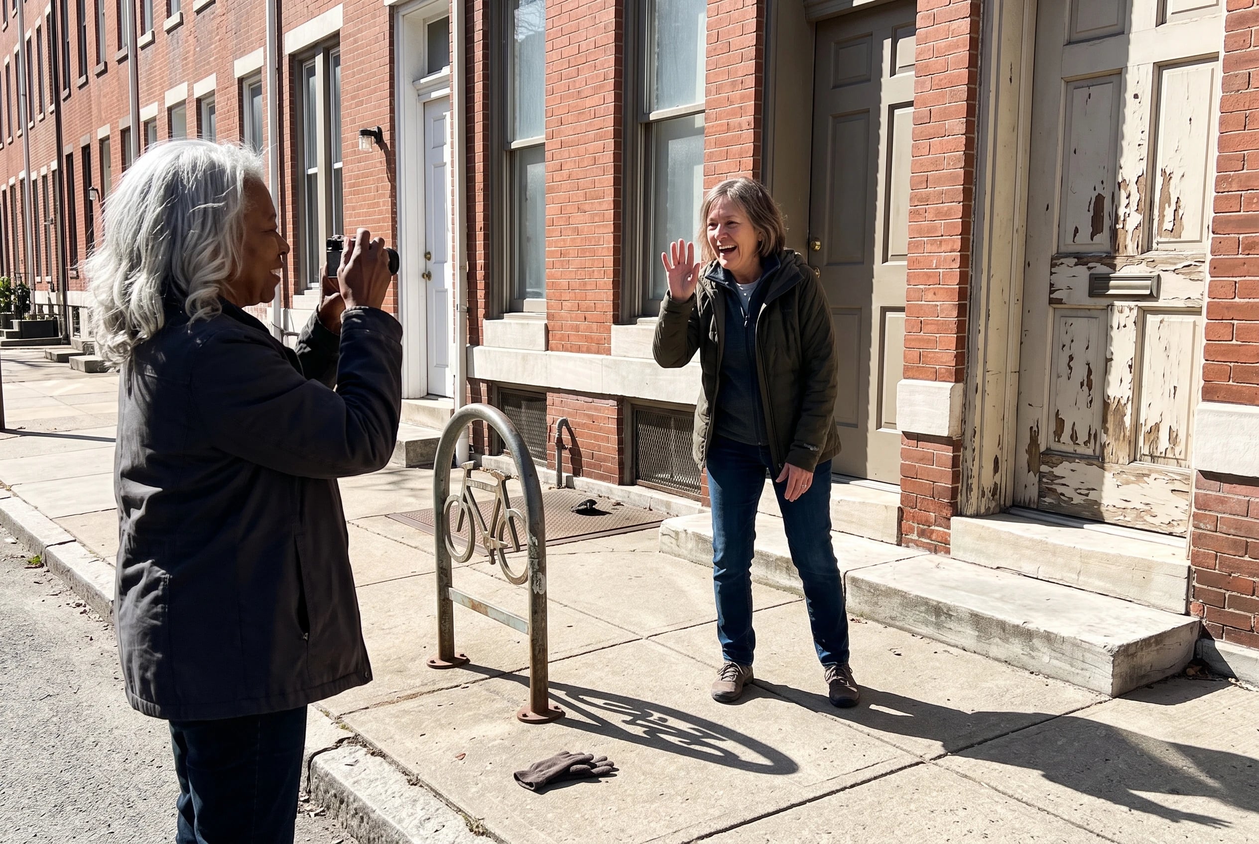 A woman in her sixties photographs a row of front doors on a city sidewalk.