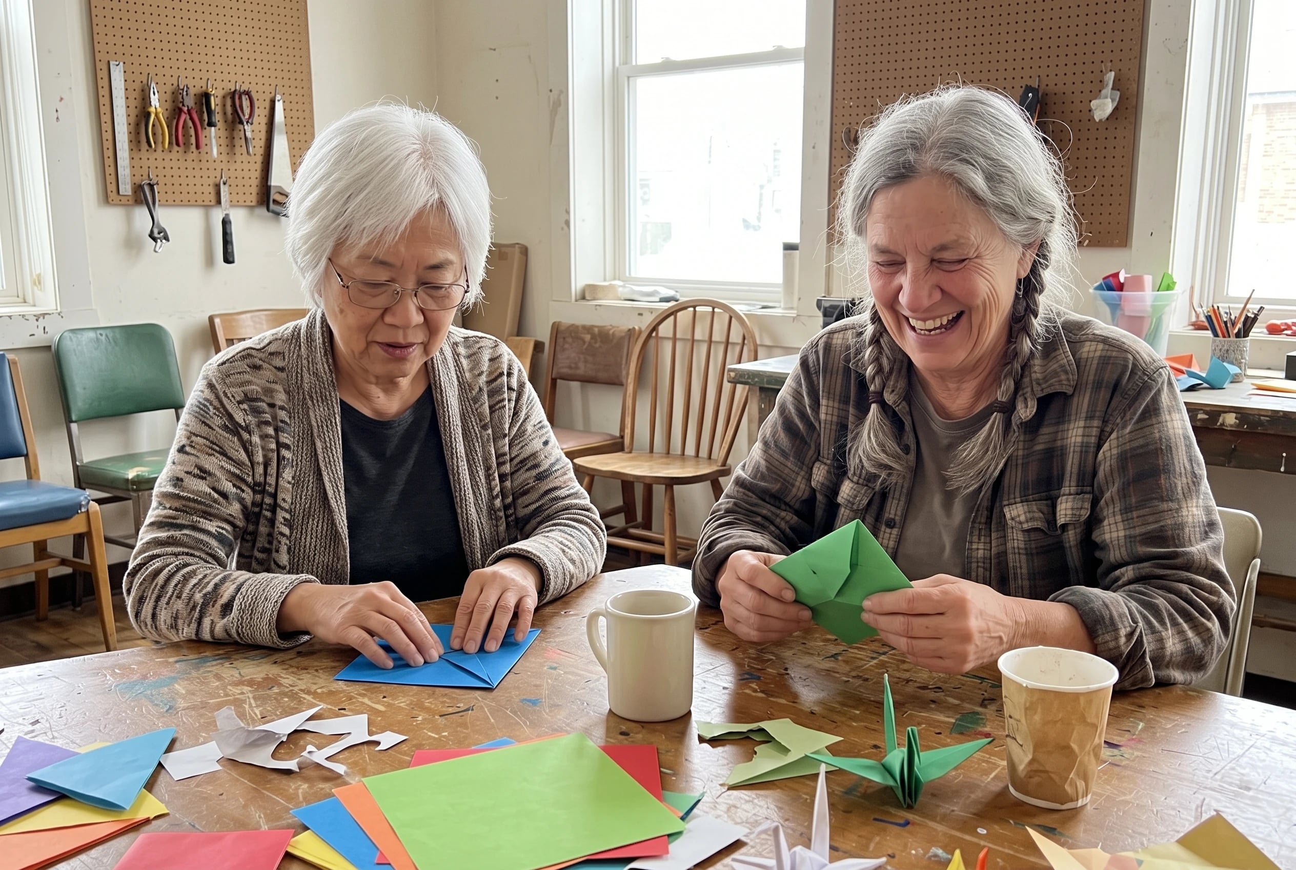 Two women in their sixties fold colored paper at an art center origami session.