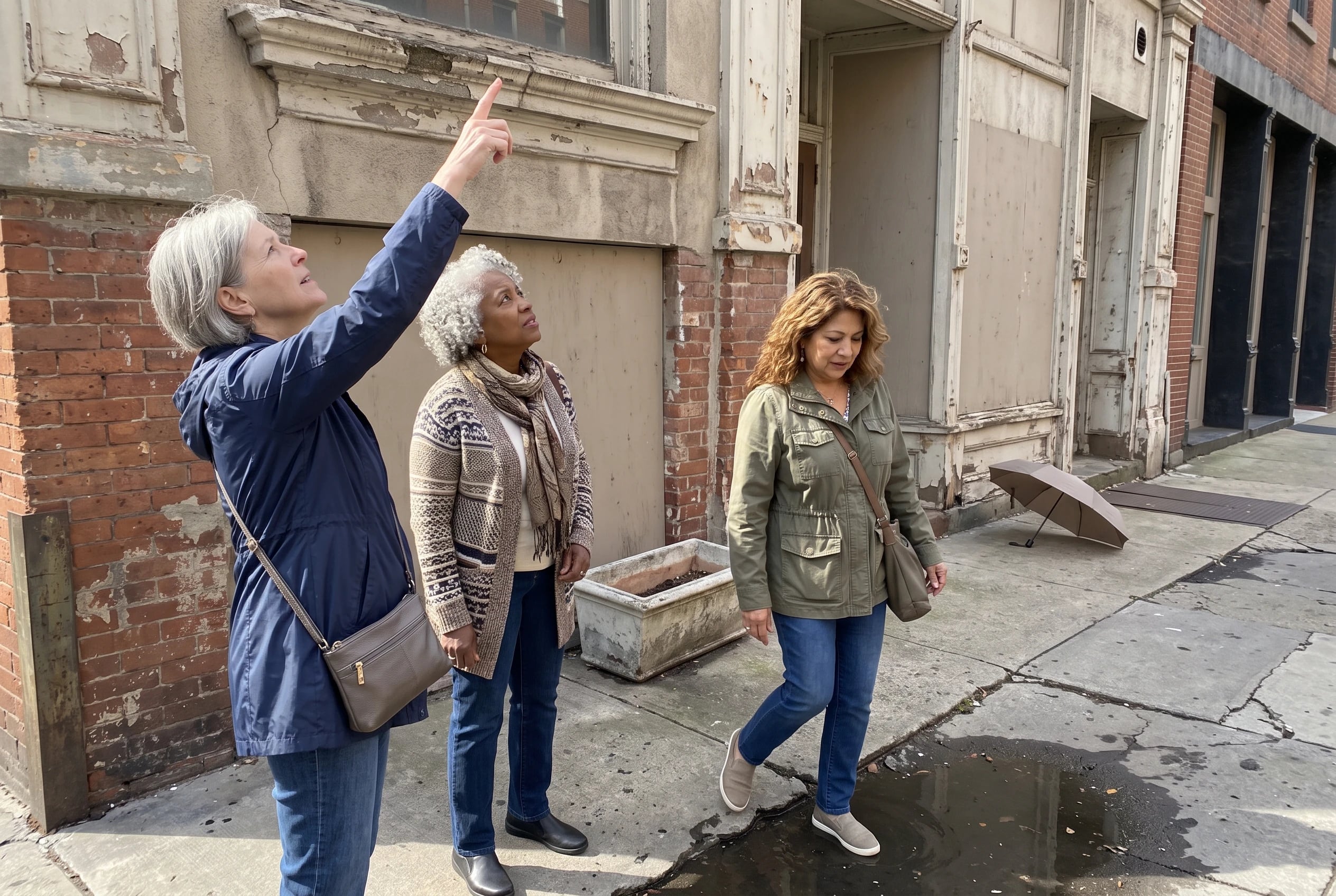 Three women in their sixties look up at an old storefront during a neighborhood walking tour.