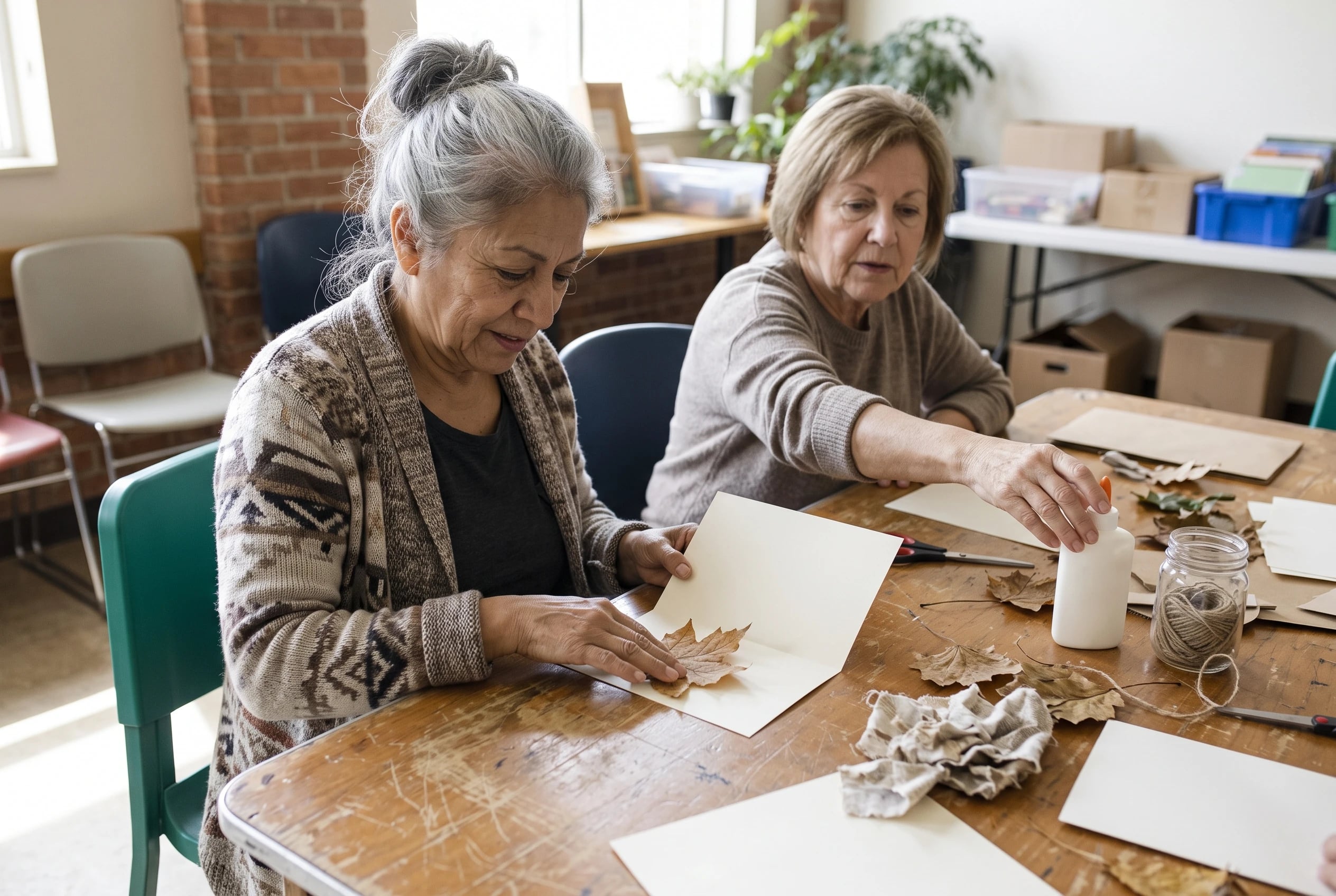 A woman in her sixties glues a pressed leaf to a card at a library craft station.