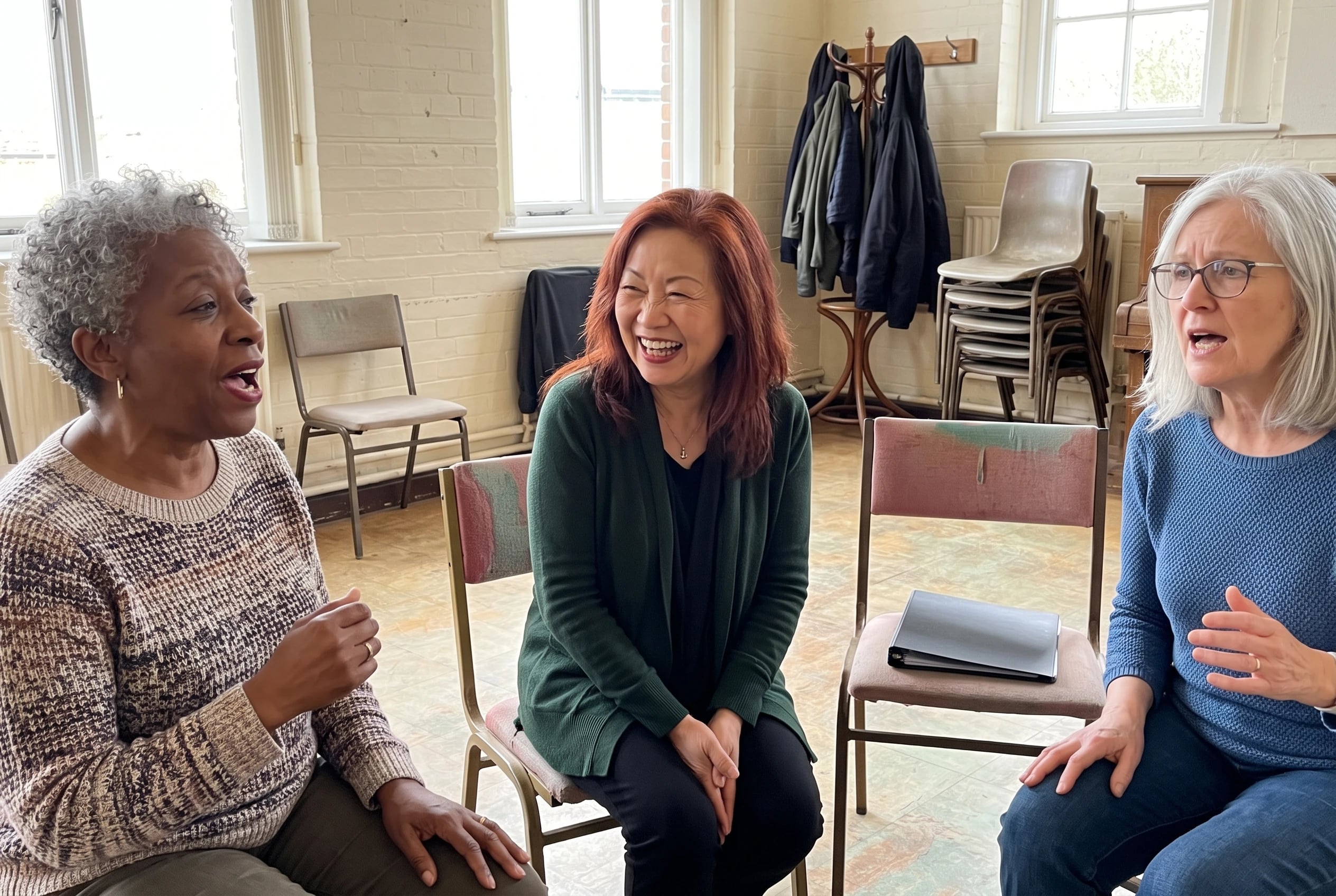 Women in their sixties sing together in a community choir rehearsal room.