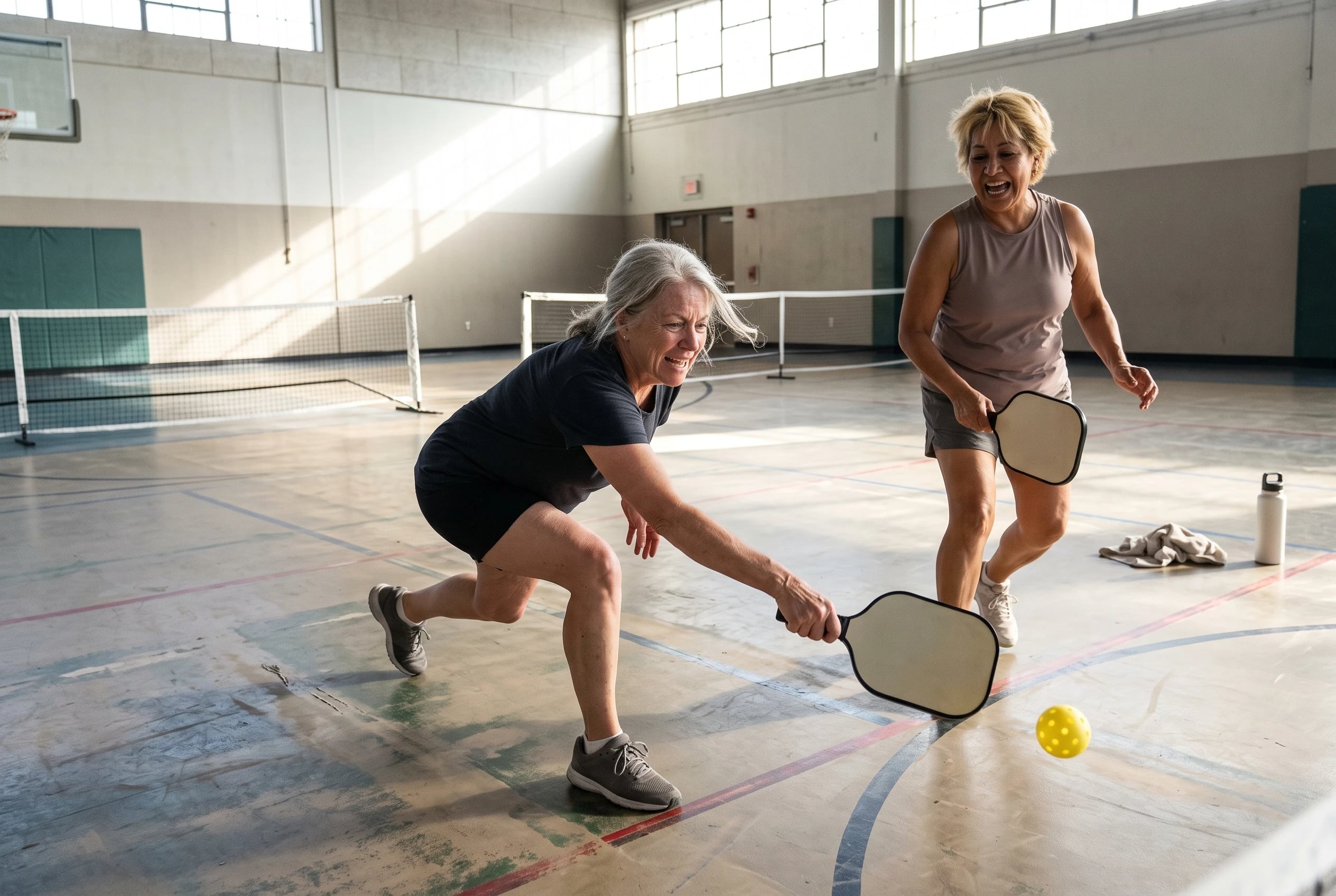 Two women in their sixties hit a pickleball across a recreation center court.