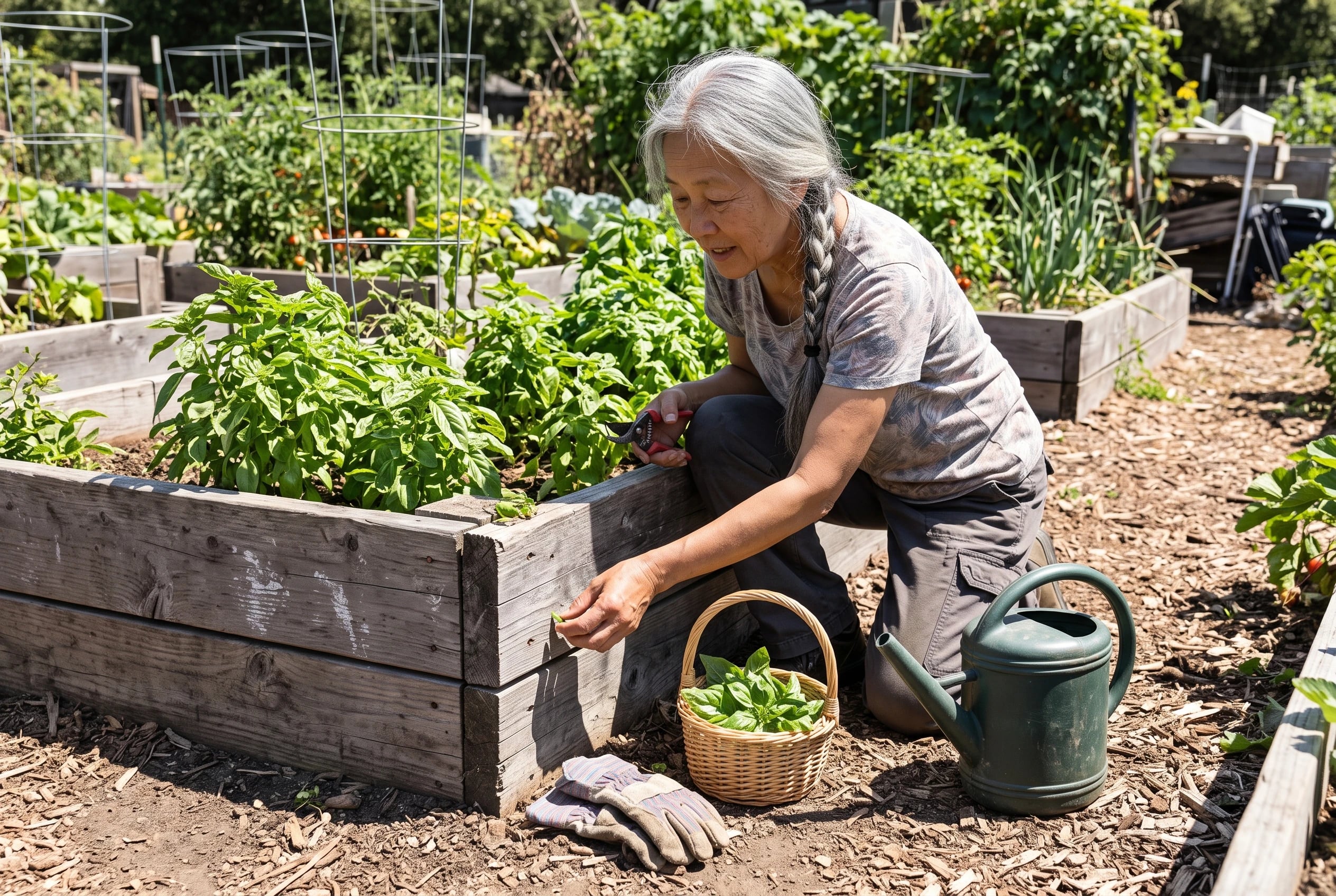 A woman in her sixties clips basil leaves in a shared garden.